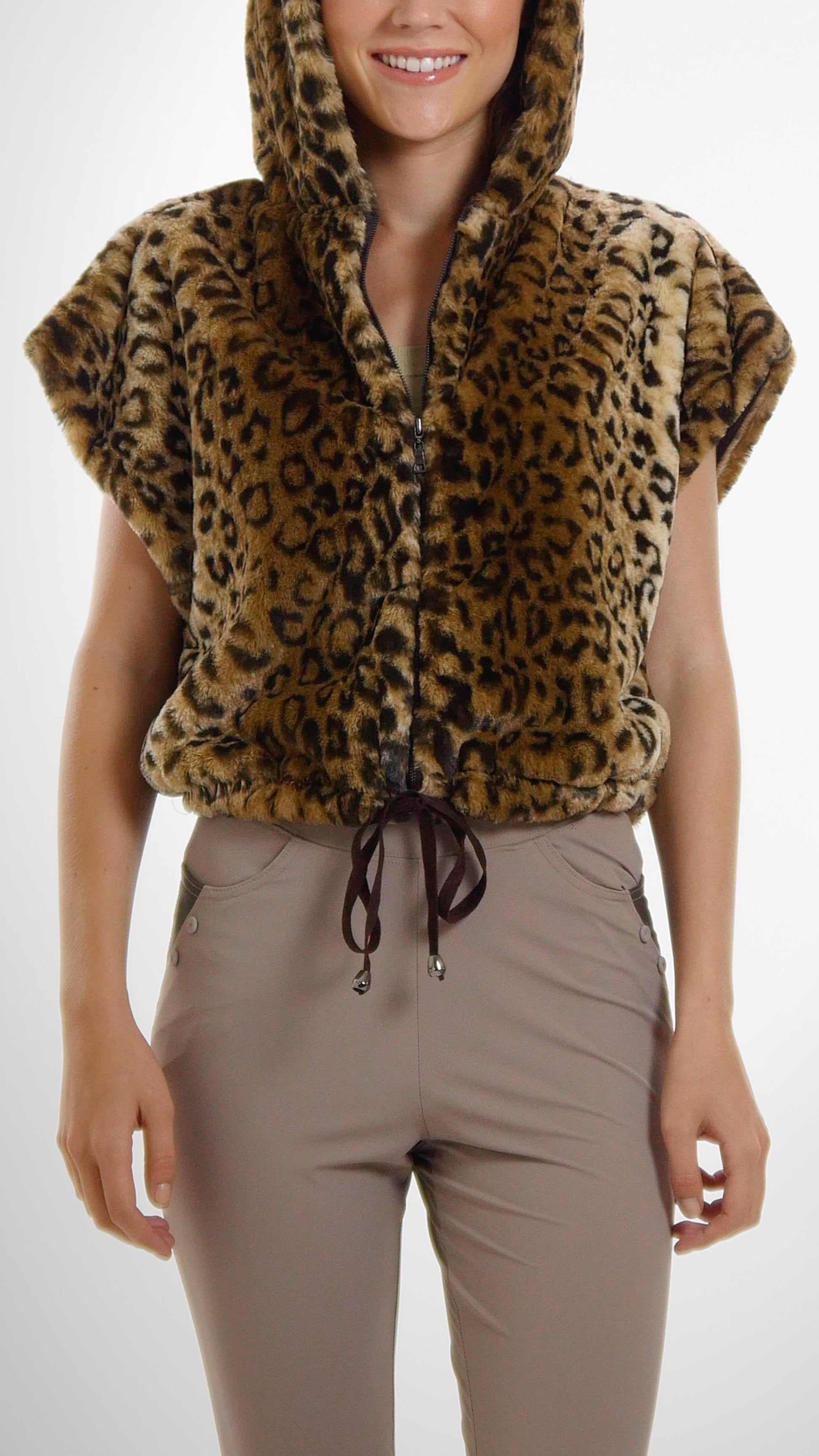 Cropped Faux Fur Casual Hoodie Short Sleeve Zip-up Jacket - Shop Lev