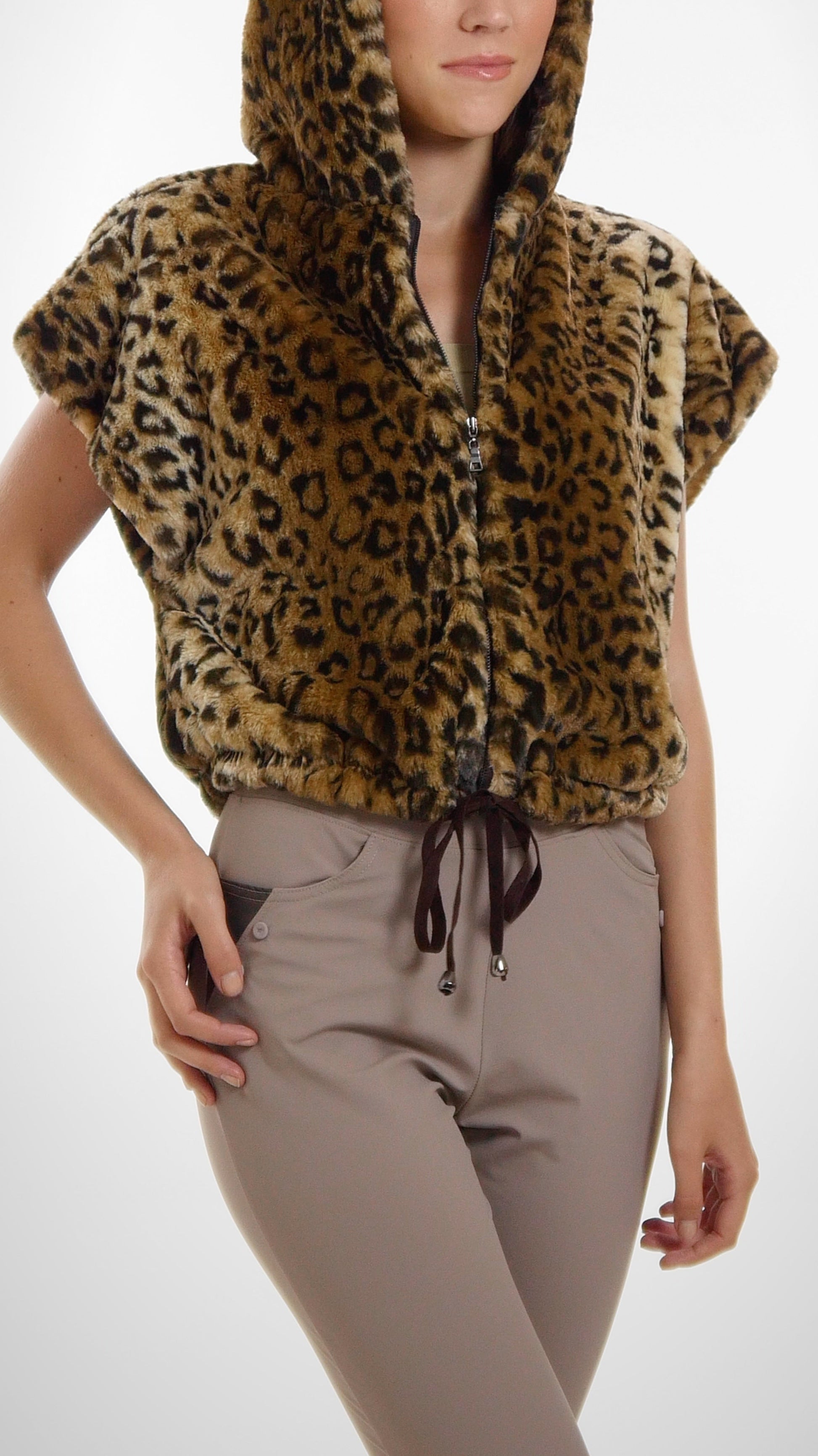 Cropped Faux Fur Casual Hoodie Short Sleeve Zip-up Jacket - Shop Lev