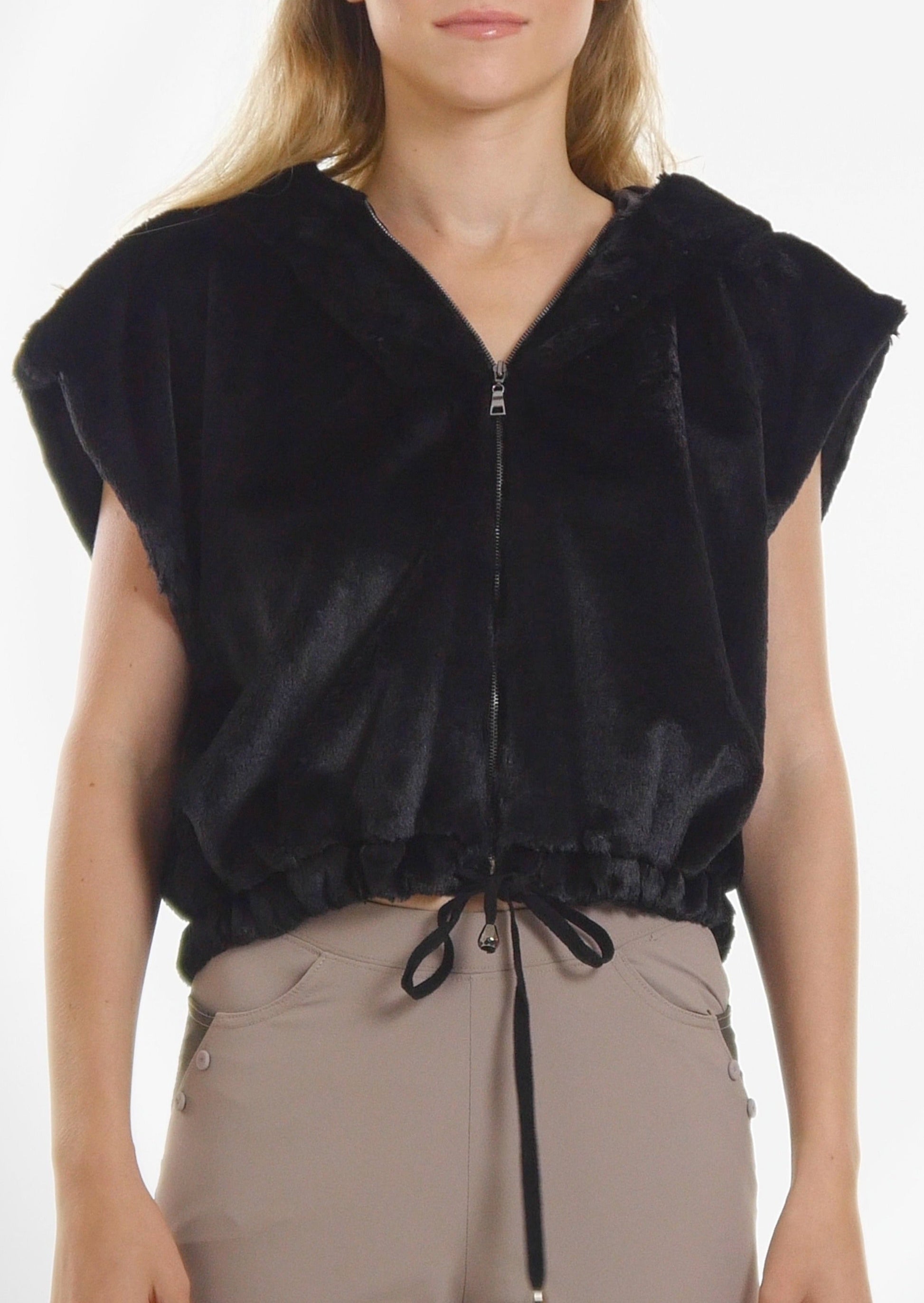 Cropped Faux Fur Casual Hoodie Short Sleeve Zip-up Jacket - Shop Lev