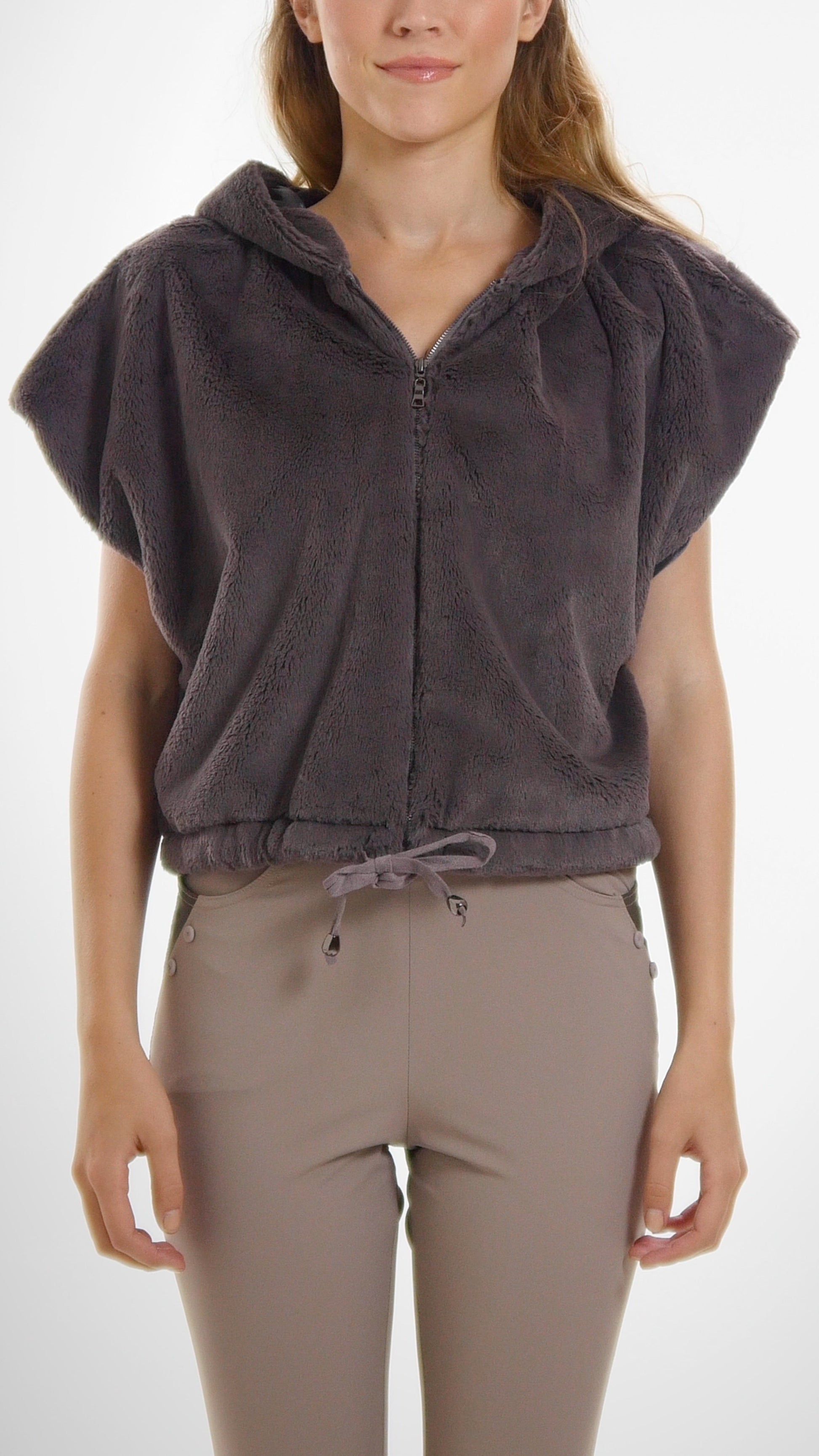 Cropped Faux Fur Casual Hoodie Short Sleeve Zip-up Jacket - Shop Lev