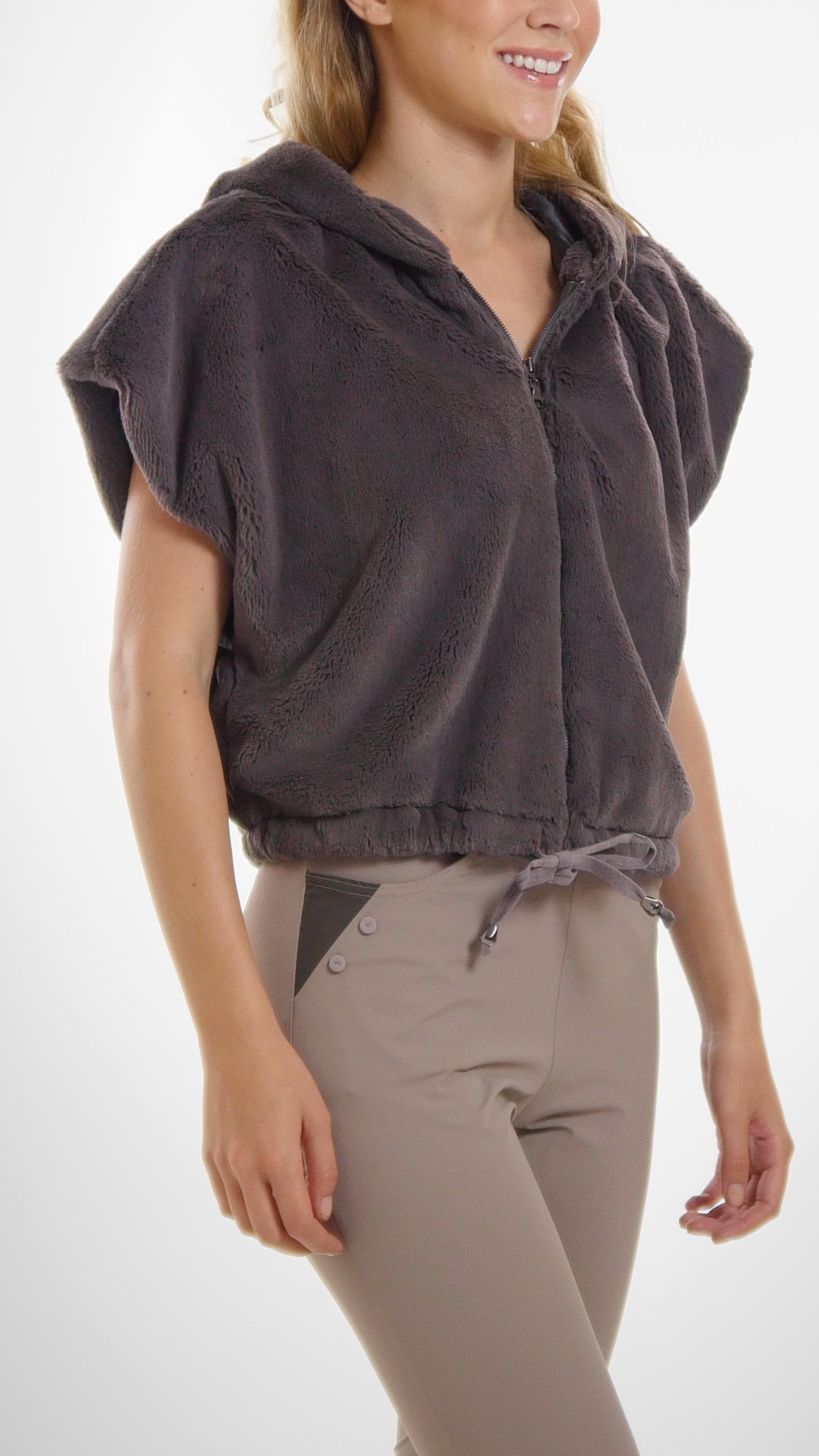 Cropped Faux Fur Casual Hoodie Short Sleeve Zip-up Jacket - Shop Lev