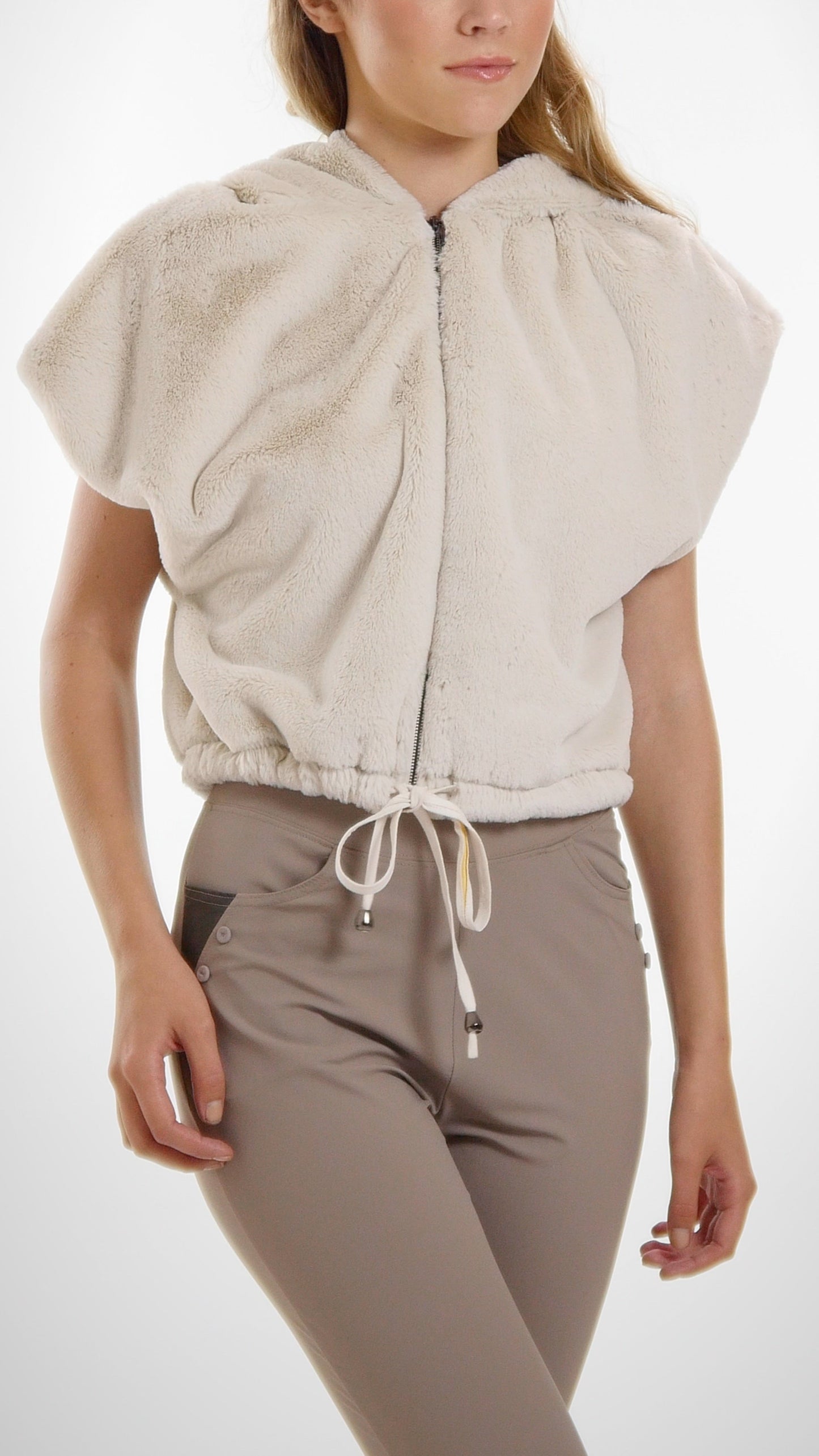 Cropped Faux Fur Casual Hoodie Short Sleeve Zip-up Jacket - Shop Lev