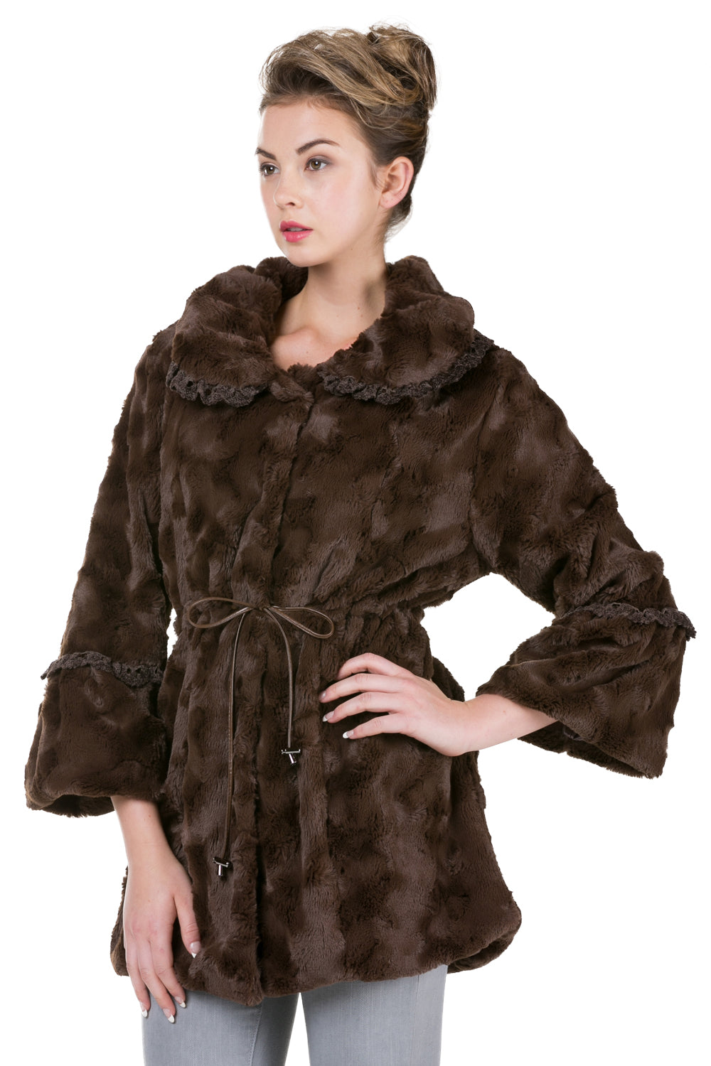 Women's Faux Fur Jacket Coat with Lace Trim - Shop Lev