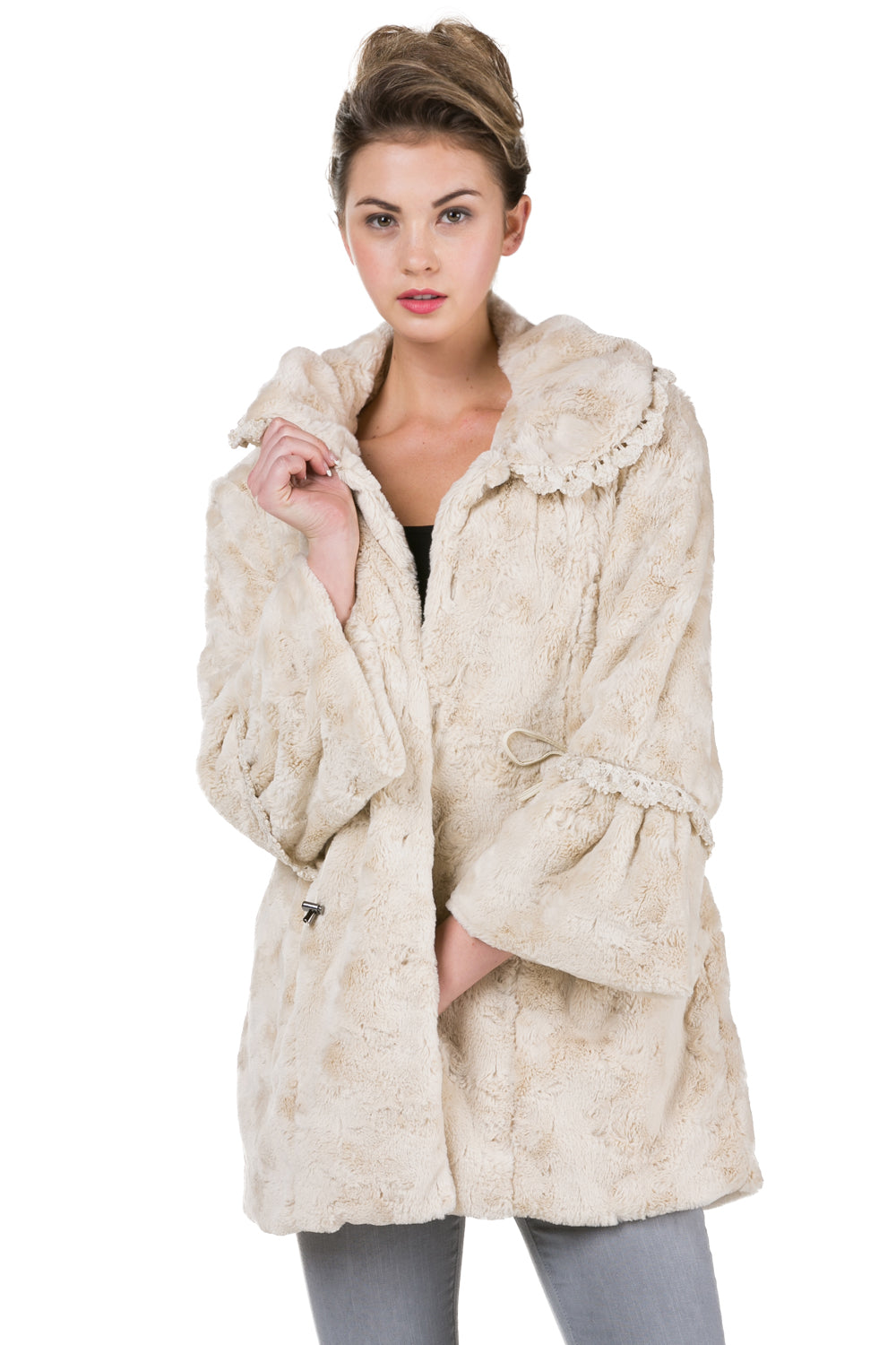 Women's Faux Fur Jacket Coat with Lace Trim - Shop Lev
