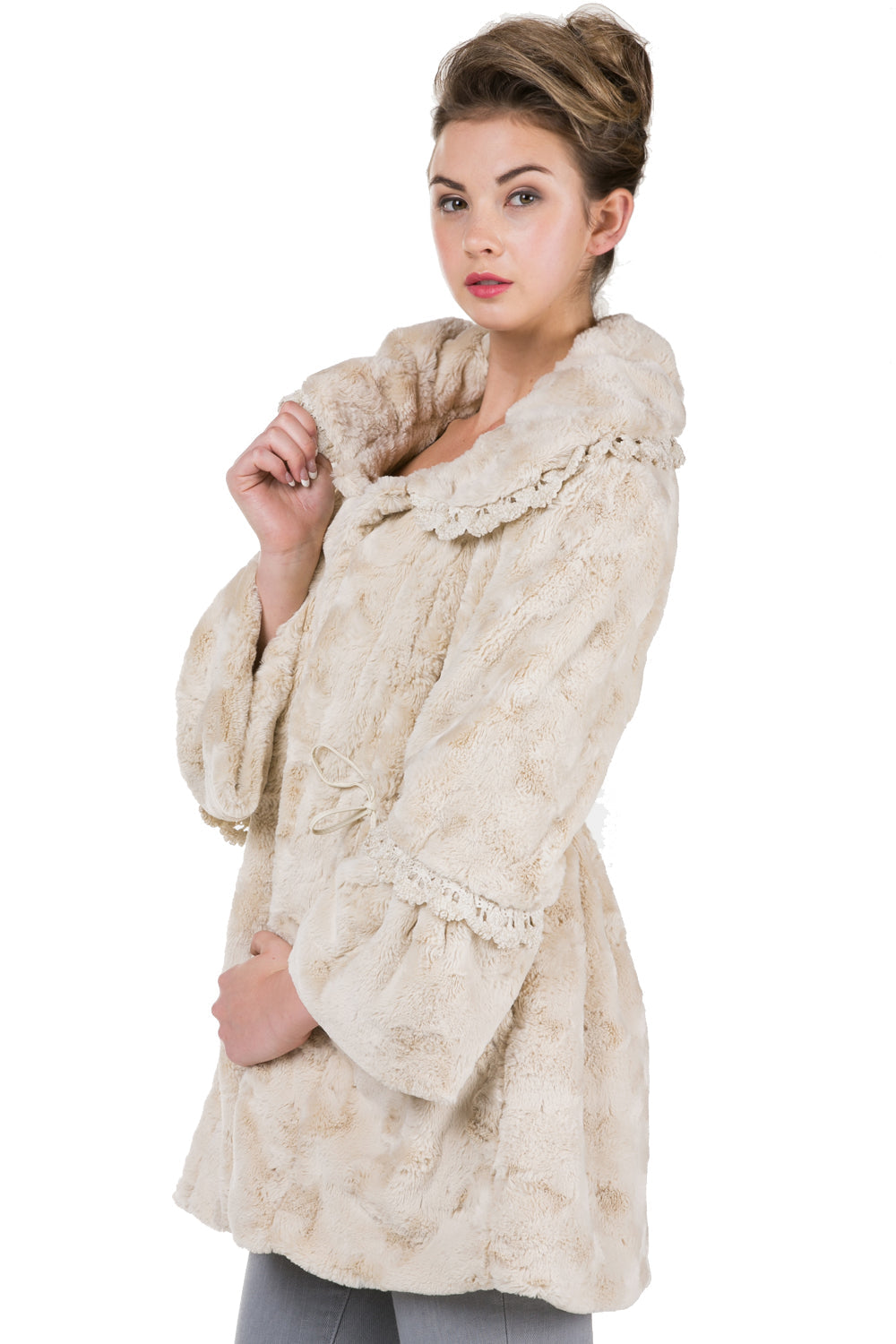 Women's Faux Fur Jacket Coat with Lace Trim - Shop Lev