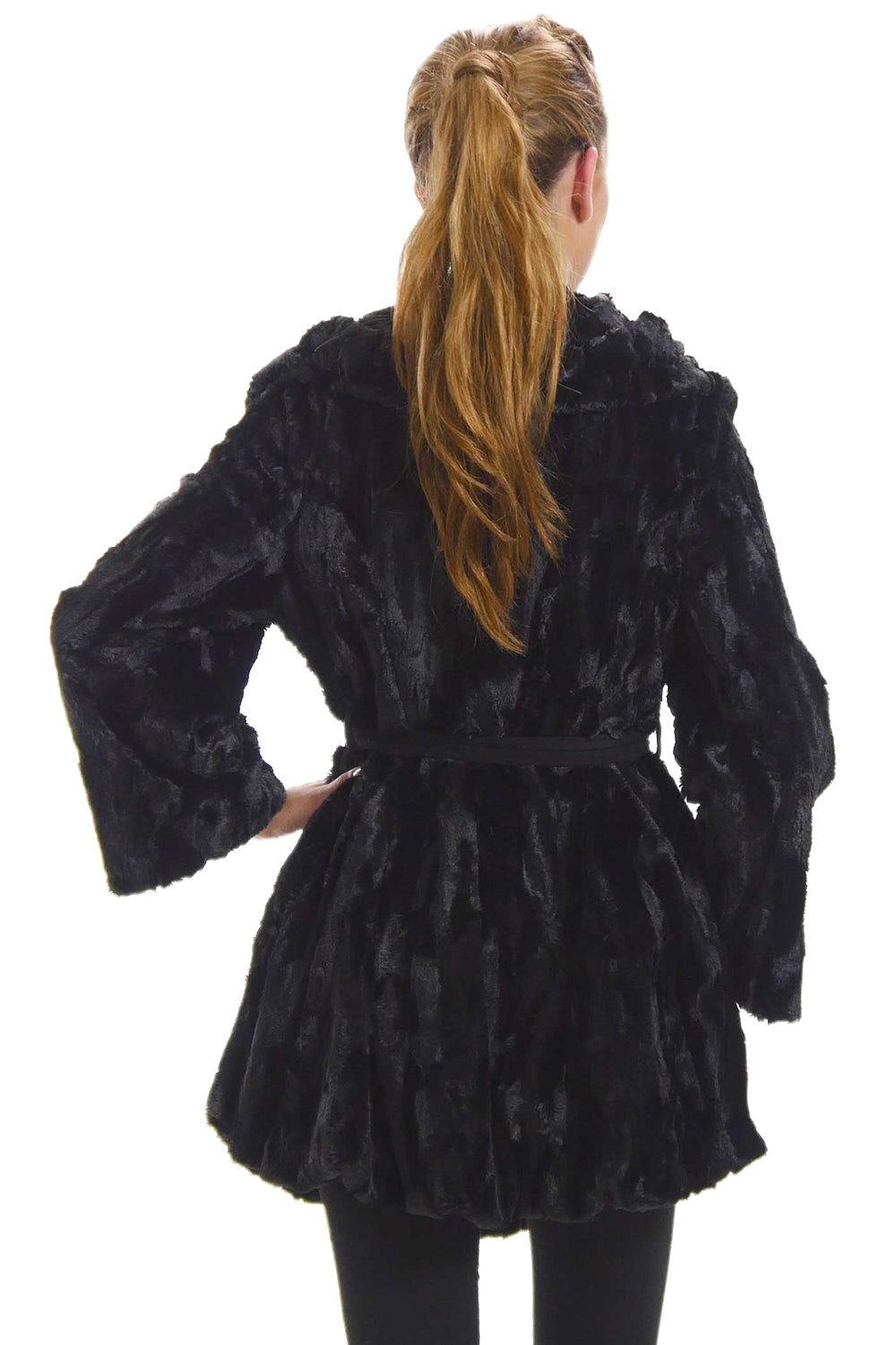 Women's Faux Fur Jacket with Synthetic Swede Belt and Flare Sleeves - Shop Lev