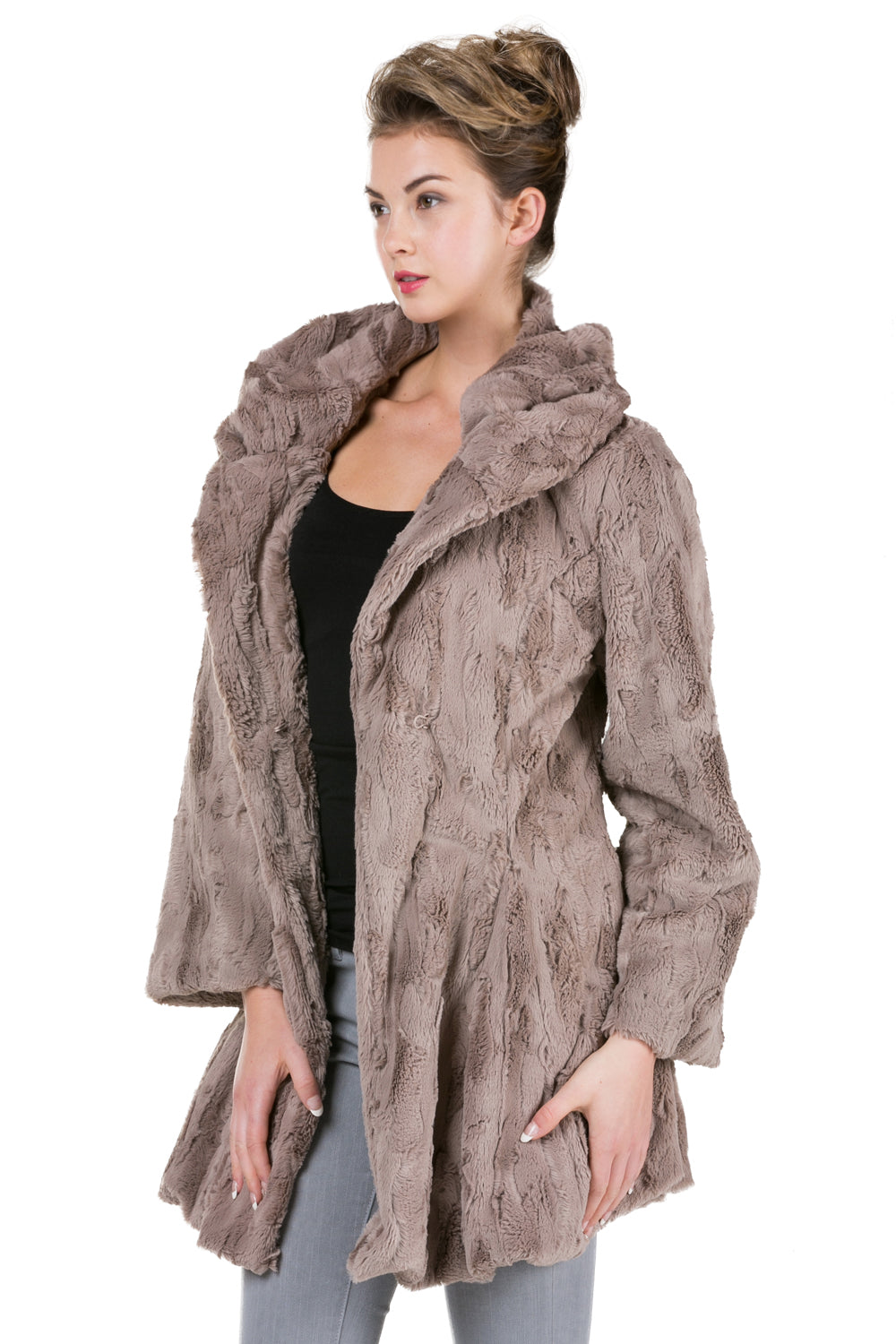 Women's Faux Fur Jacket with Synthetic Swede Belt and Flare Sleeves - Shop Lev