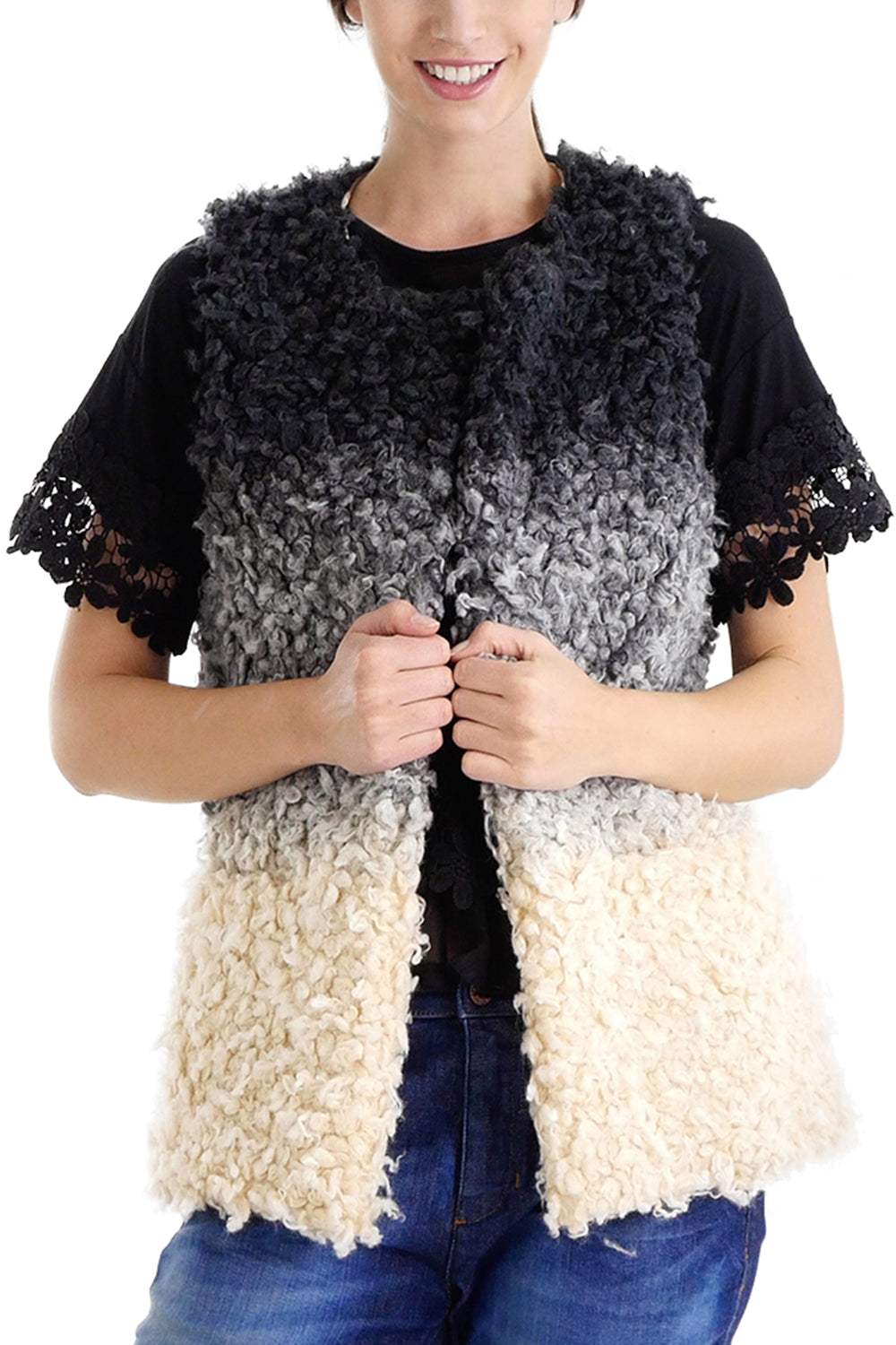 Sheep Faux Fur Ombre Open Vest - Shop Lev