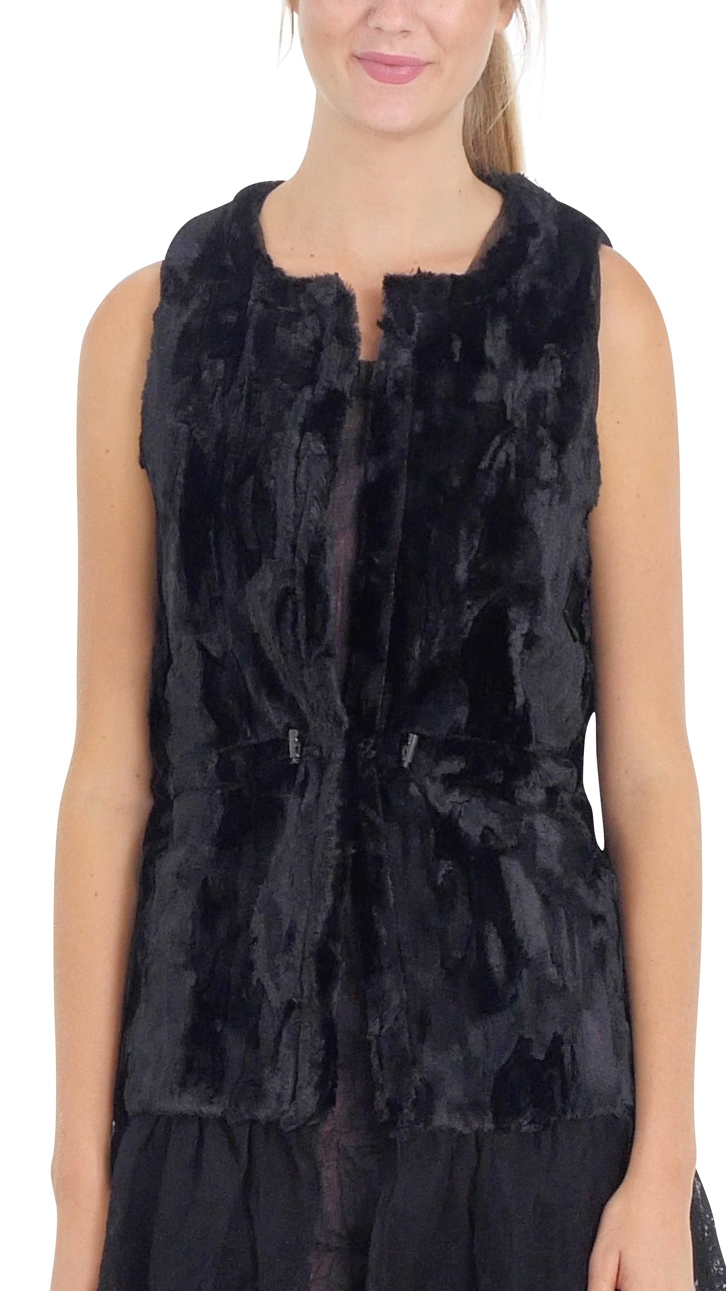 Faux Fur Open Vest with Lace Trim - Shop Lev