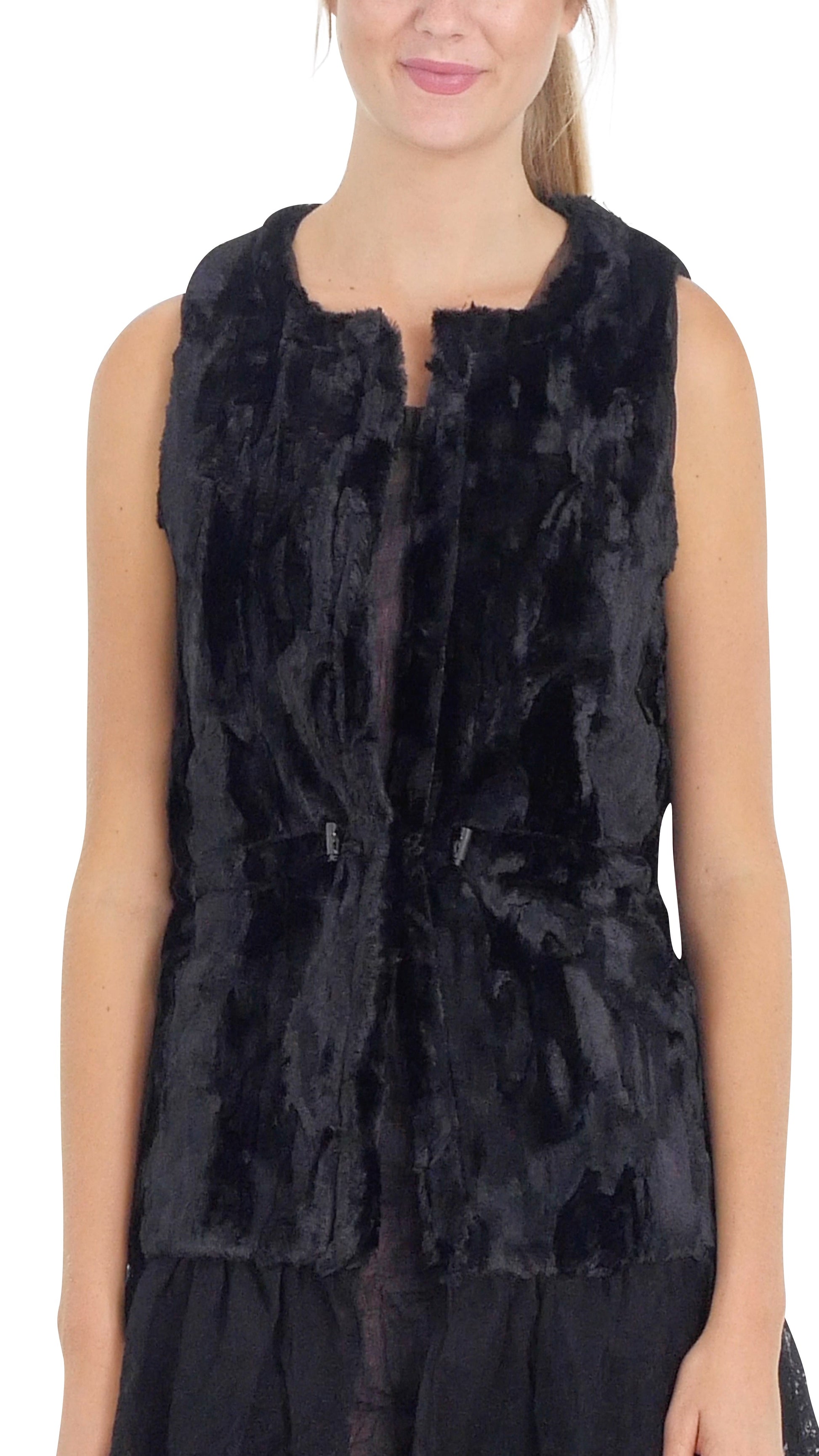 Faux Fur Open Vest with Lace Trim - Shop Lev