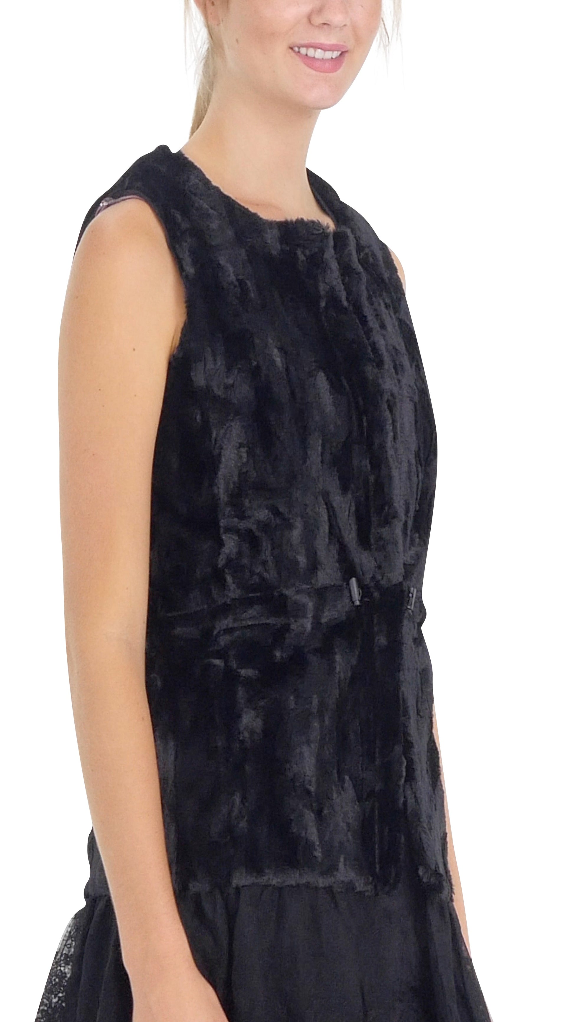 Faux Fur Open Vest with Lace Trim - Shop Lev
