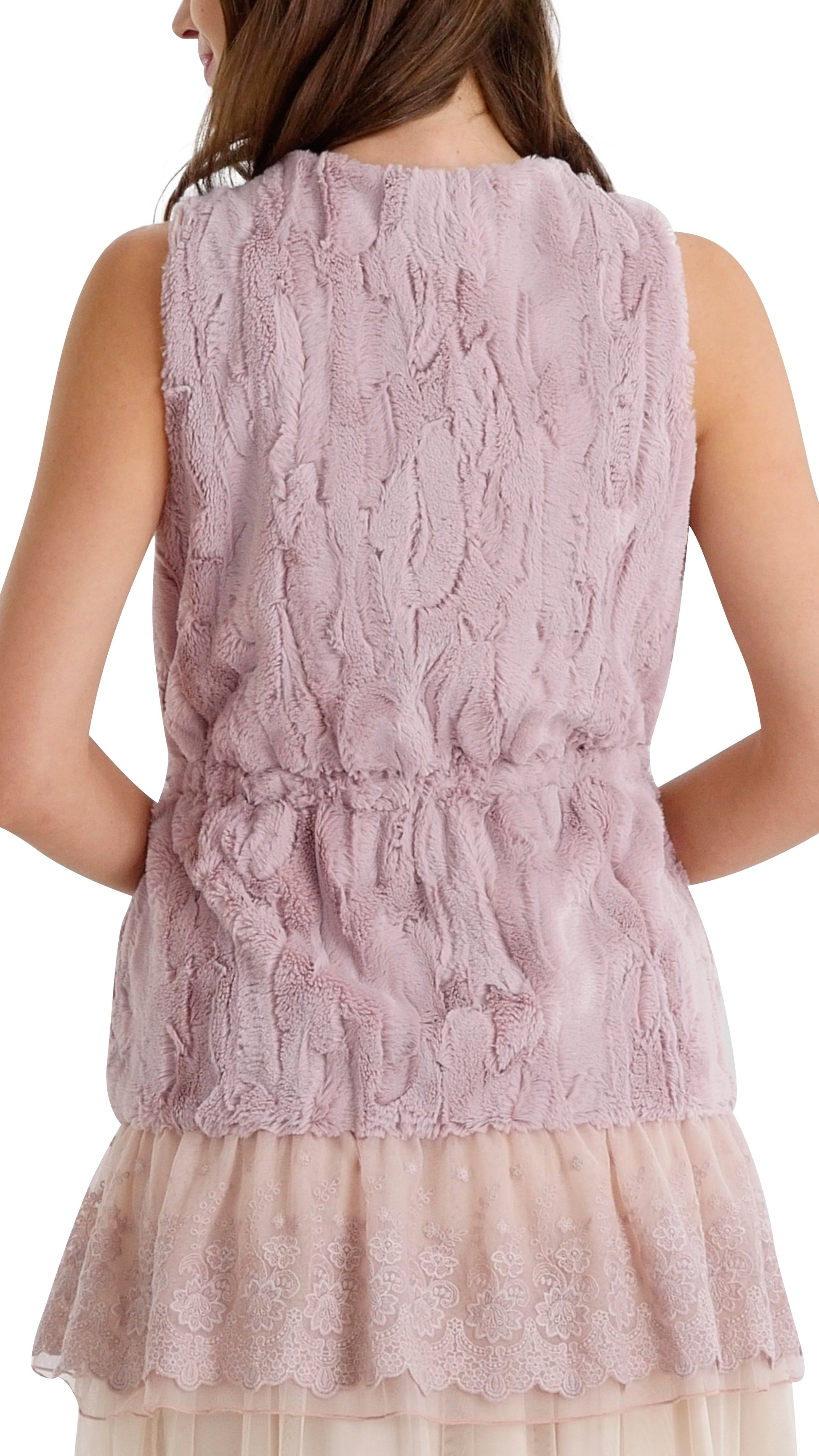 Faux Fur Open Vest with Lace Trim - Shop Lev