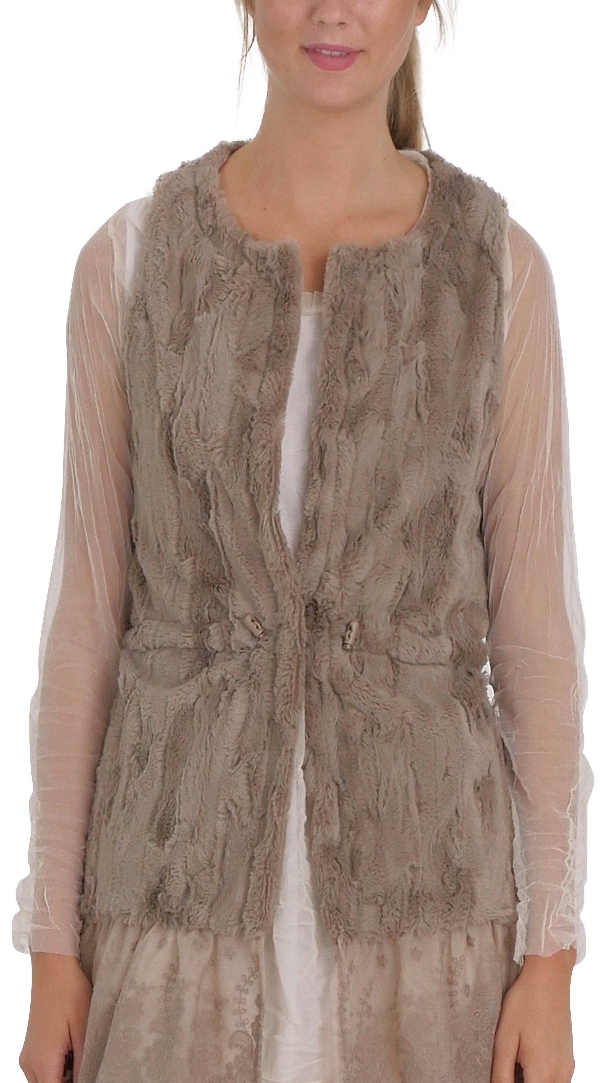 Faux Fur Open Vest with Lace Trim - Shop Lev