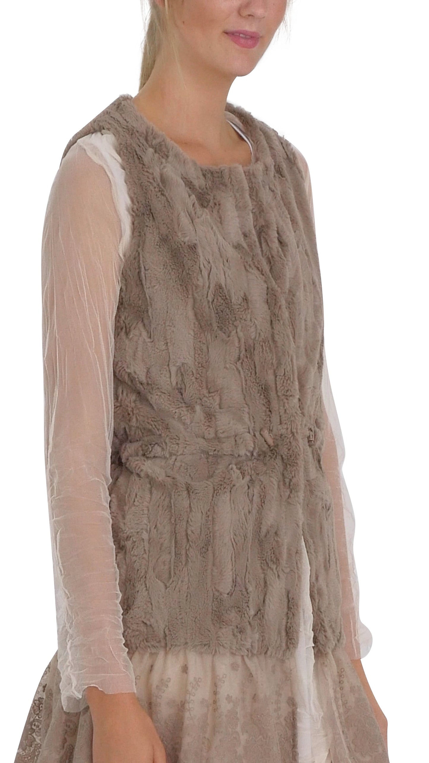Faux Fur Open Vest with Lace Trim - Shop Lev