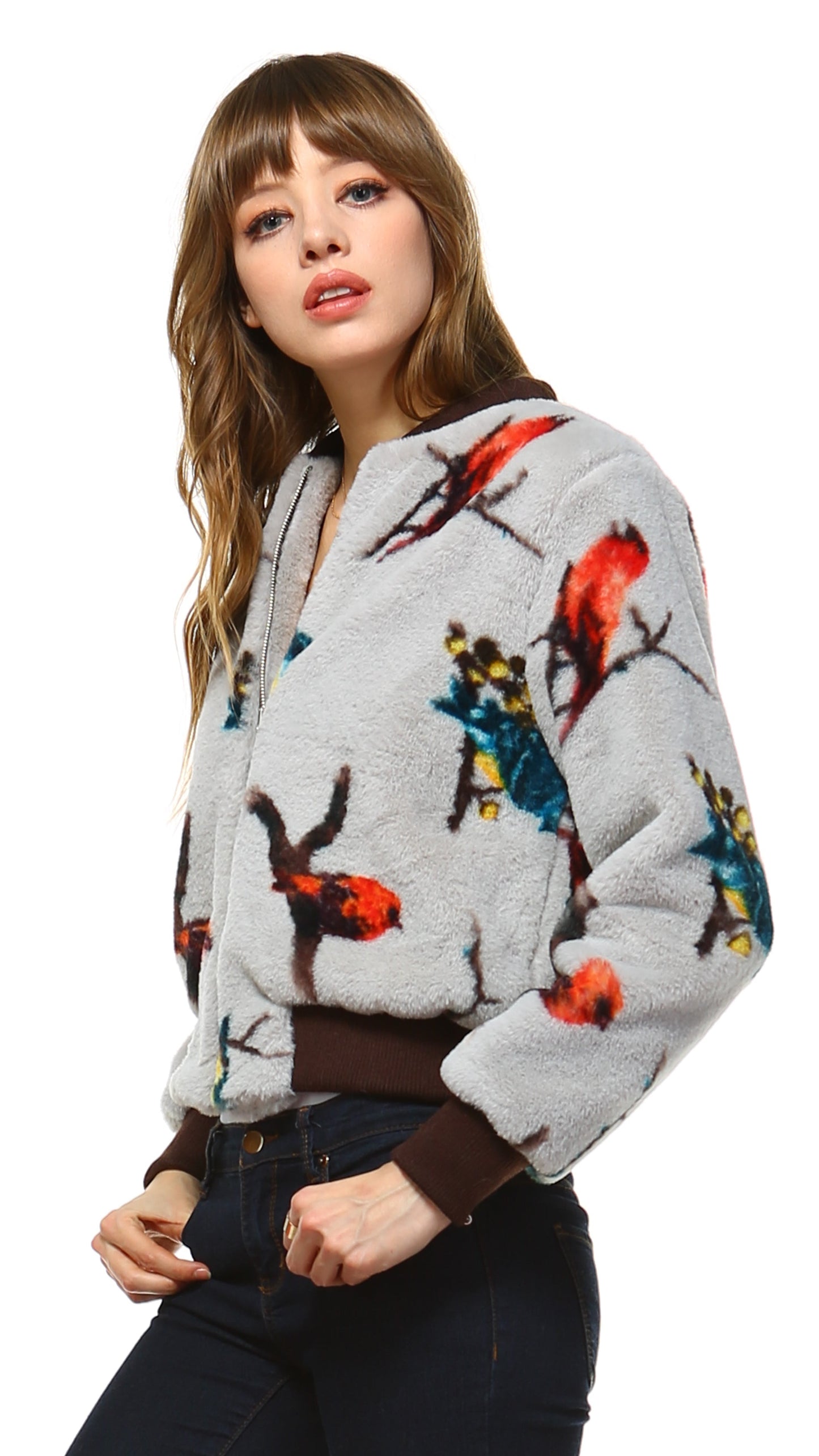 Women Faux Fur Bird Print Bomber Jacket - Shop Lev