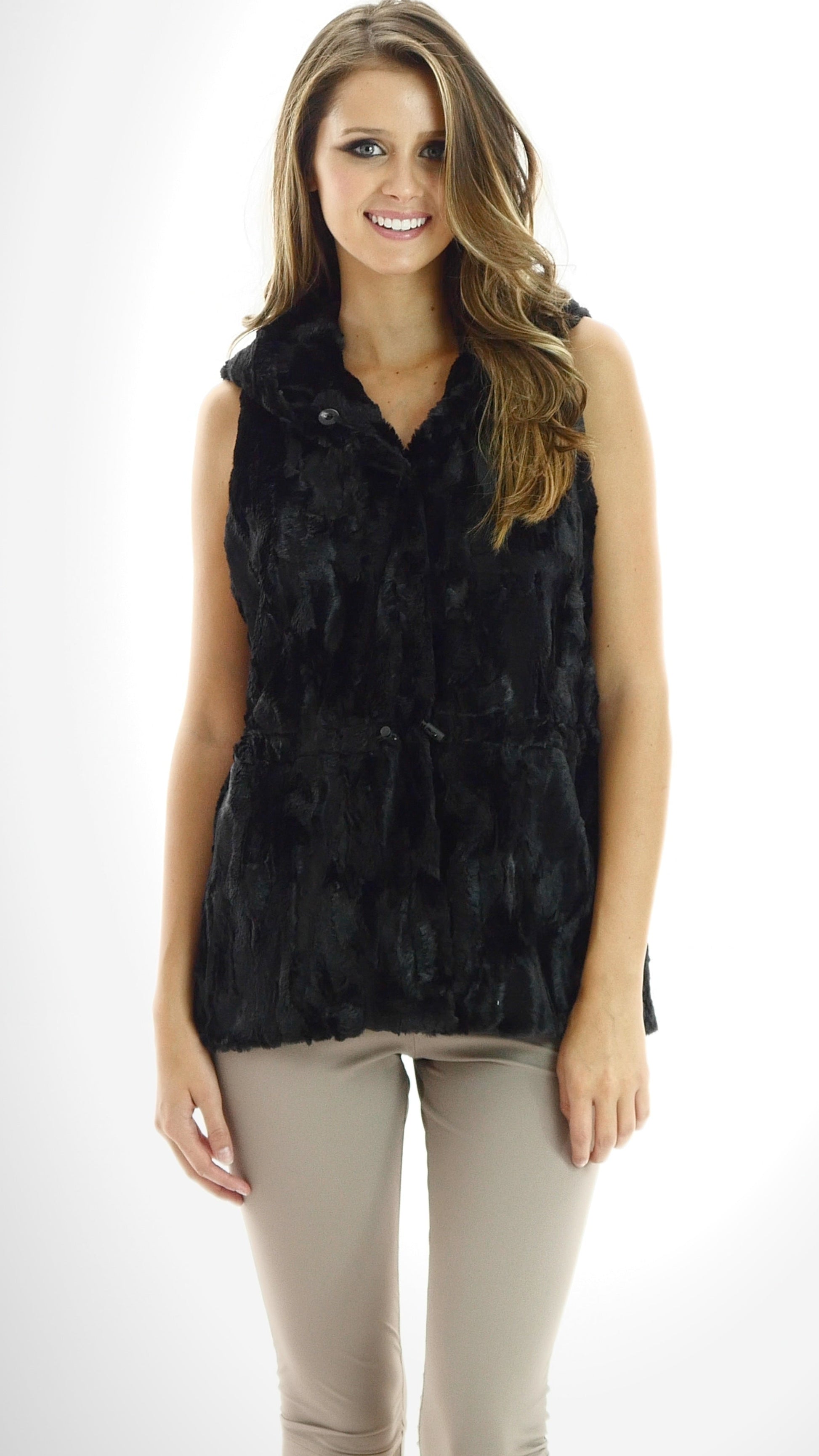 Faux Fur Casual Hoodie Vest with Elastic Strings - Shop Lev