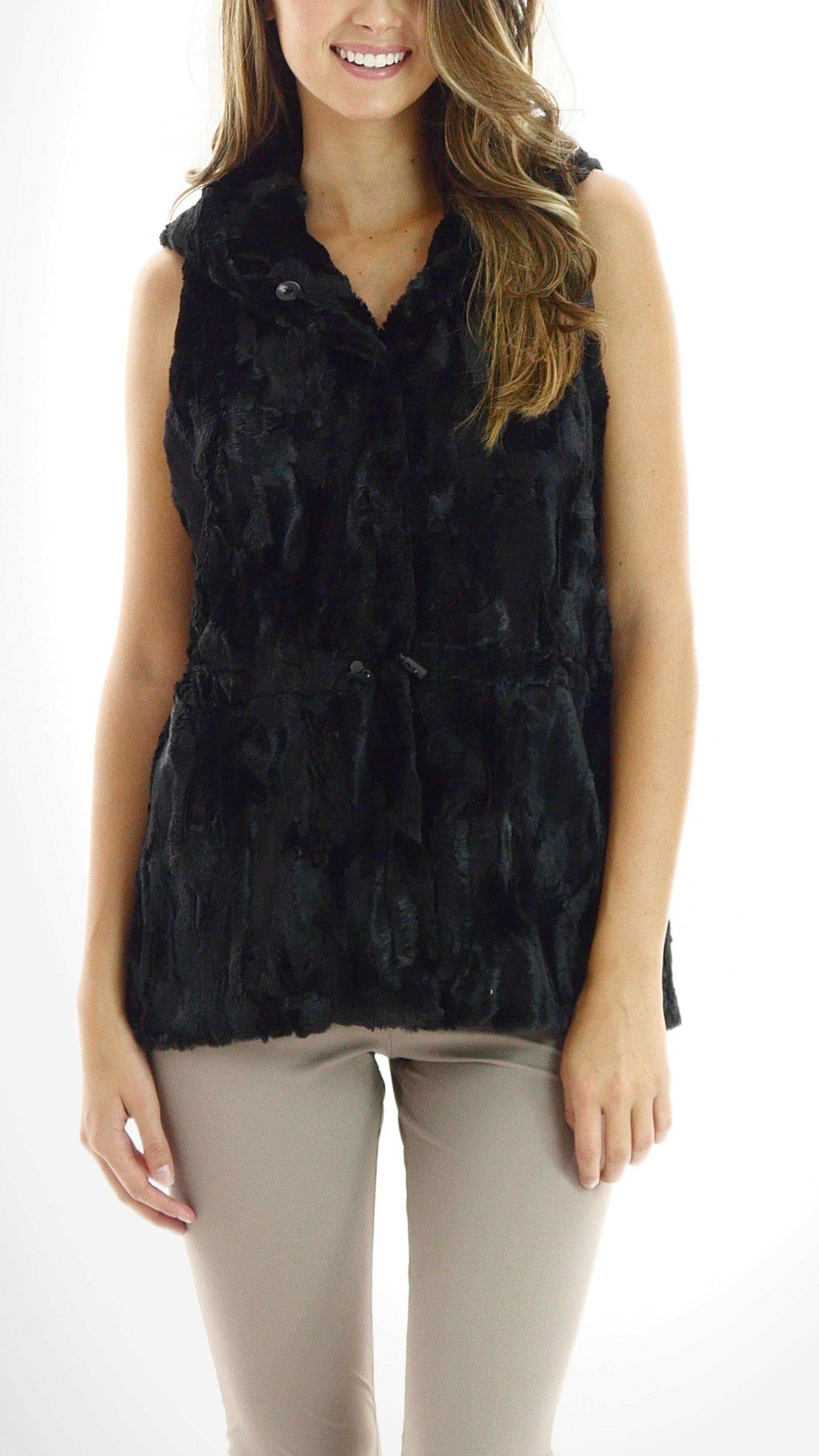 Faux Fur Casual Hoodie Vest with Elastic Strings - Shop Lev