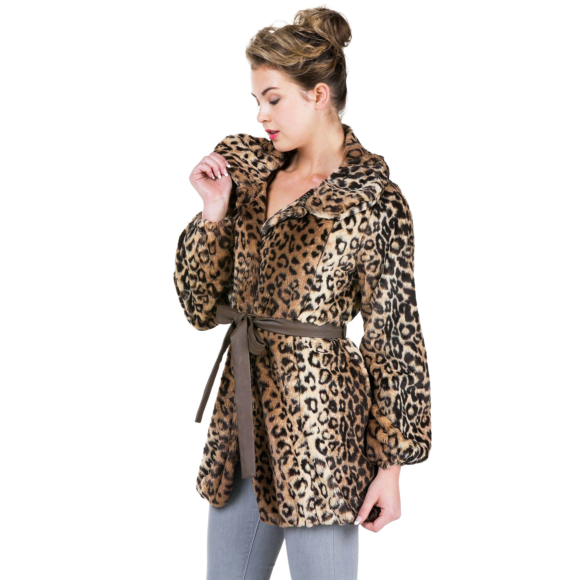 Women's Faux Fur Jacket with Faux Leather Belt - Shop Lev