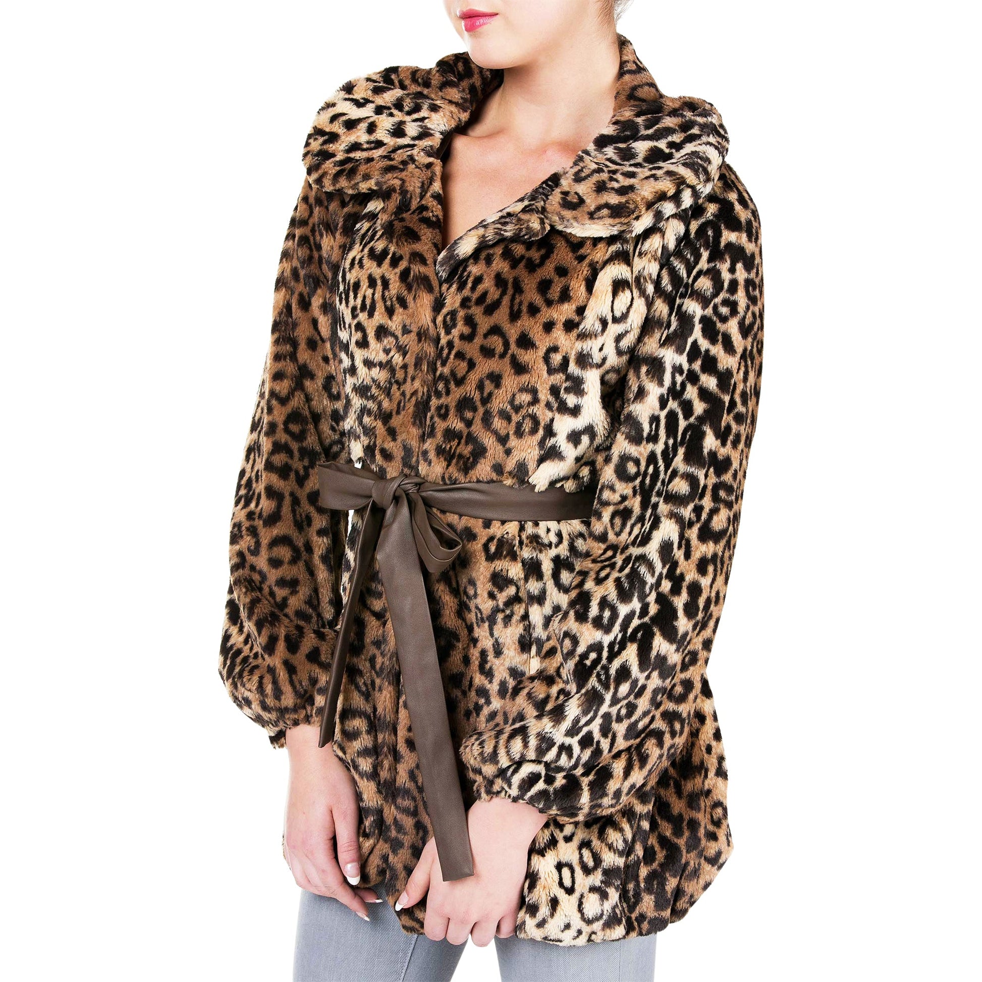 Women's Faux Fur Jacket with Faux Leather Belt - Shop Lev