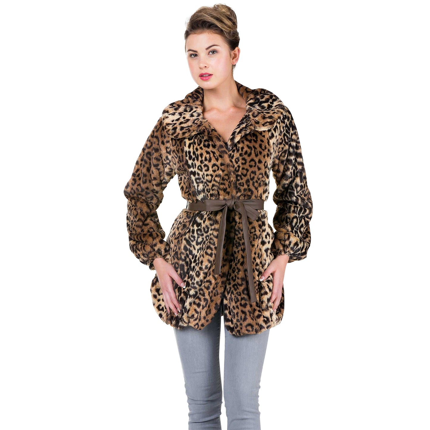 Women's Faux Fur Jacket with Faux Leather Belt - Shop Lev