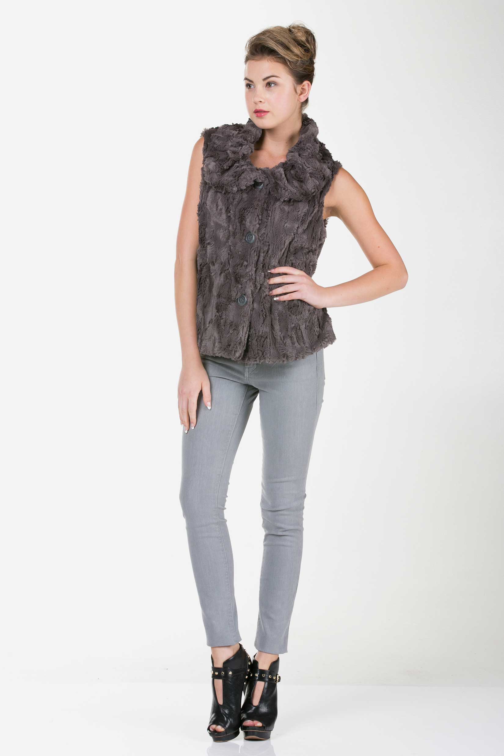 Flare Faux Fur Button Down Vest - Shop Lev