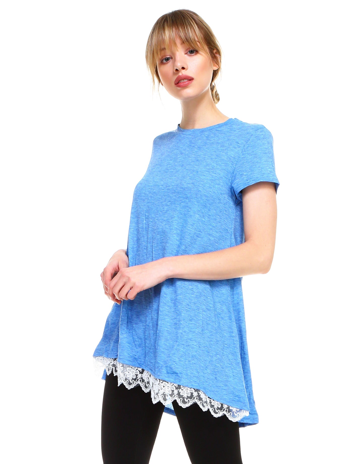 Women lace trim short sleeve casual flare tunic tops cotton blend - Shop Lev