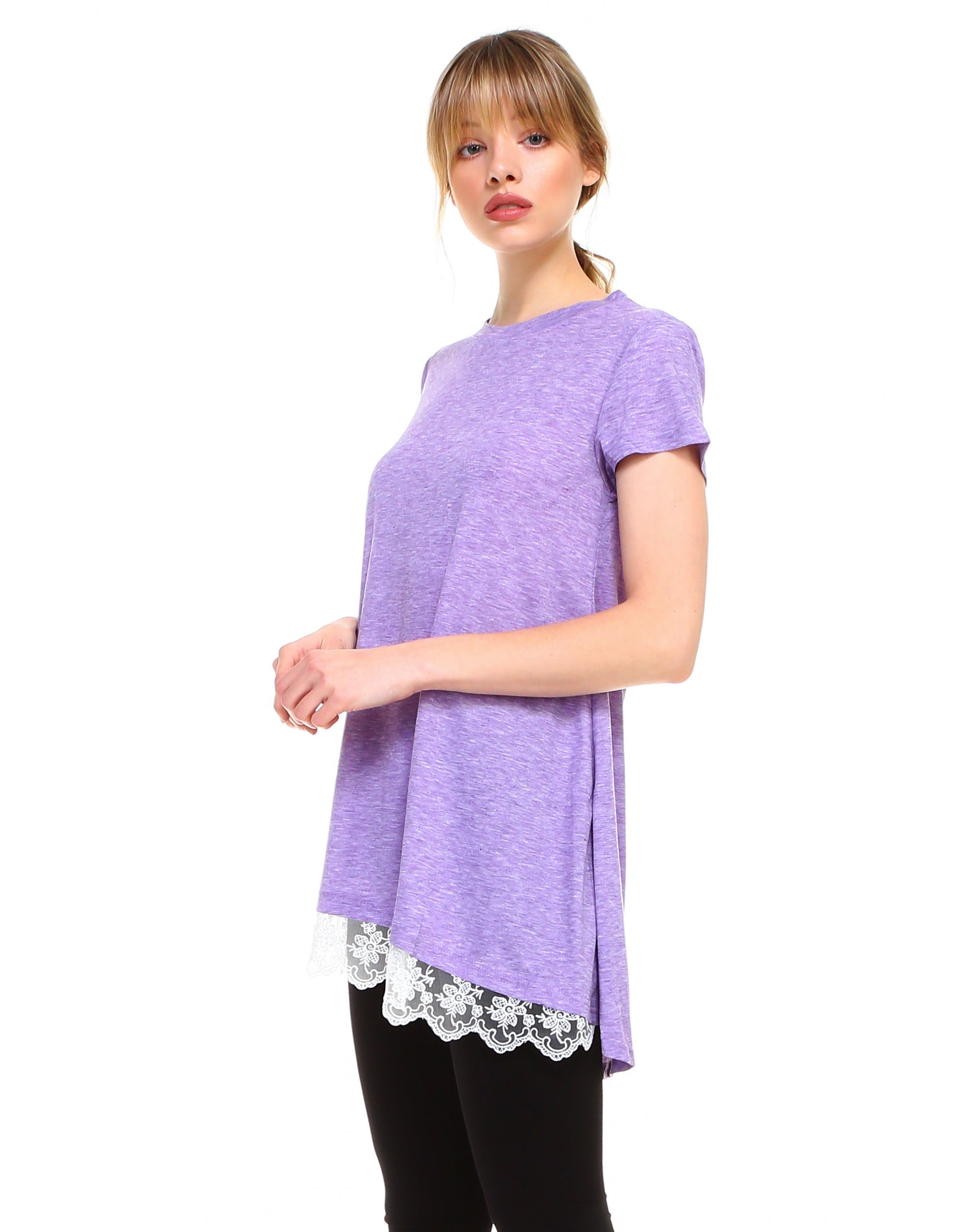 Women lace trim short sleeve casual flare tunic tops cotton blend - Shop Lev