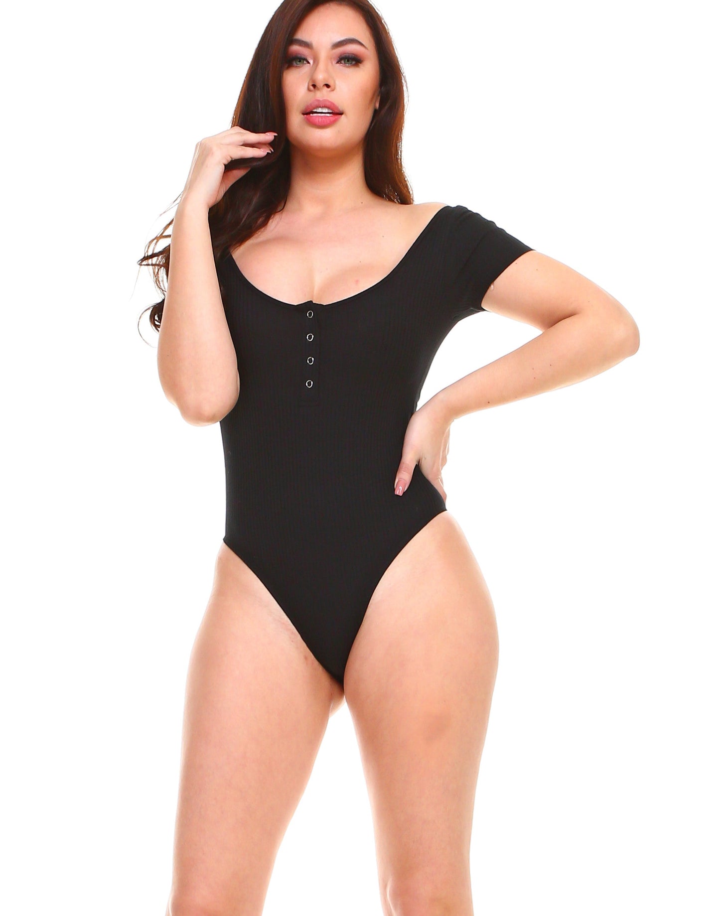 Solid ribbed cotton sexy stretchy short sleeve bodysuit - Shop Lev