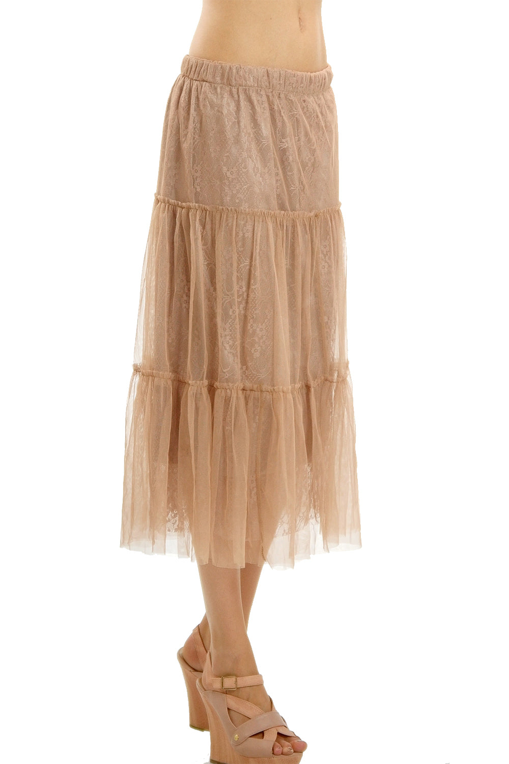 Women Tiered Lace Mesh Long Skirt with Raw End - Shop Lev