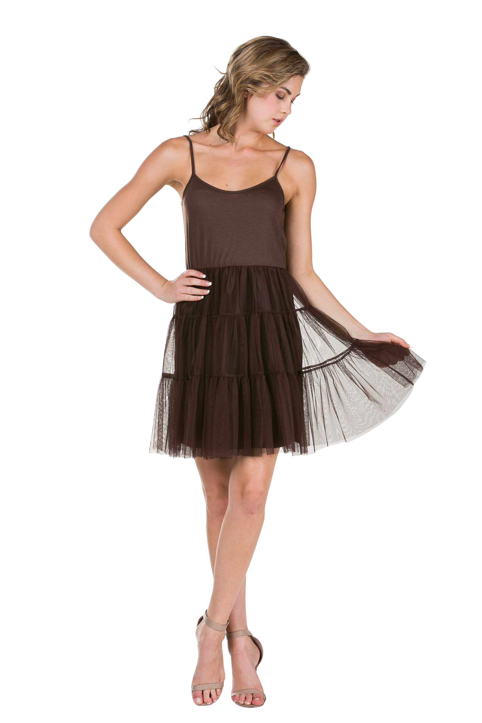 Women's Camisole Short Slip Dress with Tiered Mesh Skirt and Adjustable Straps - Shop Lev