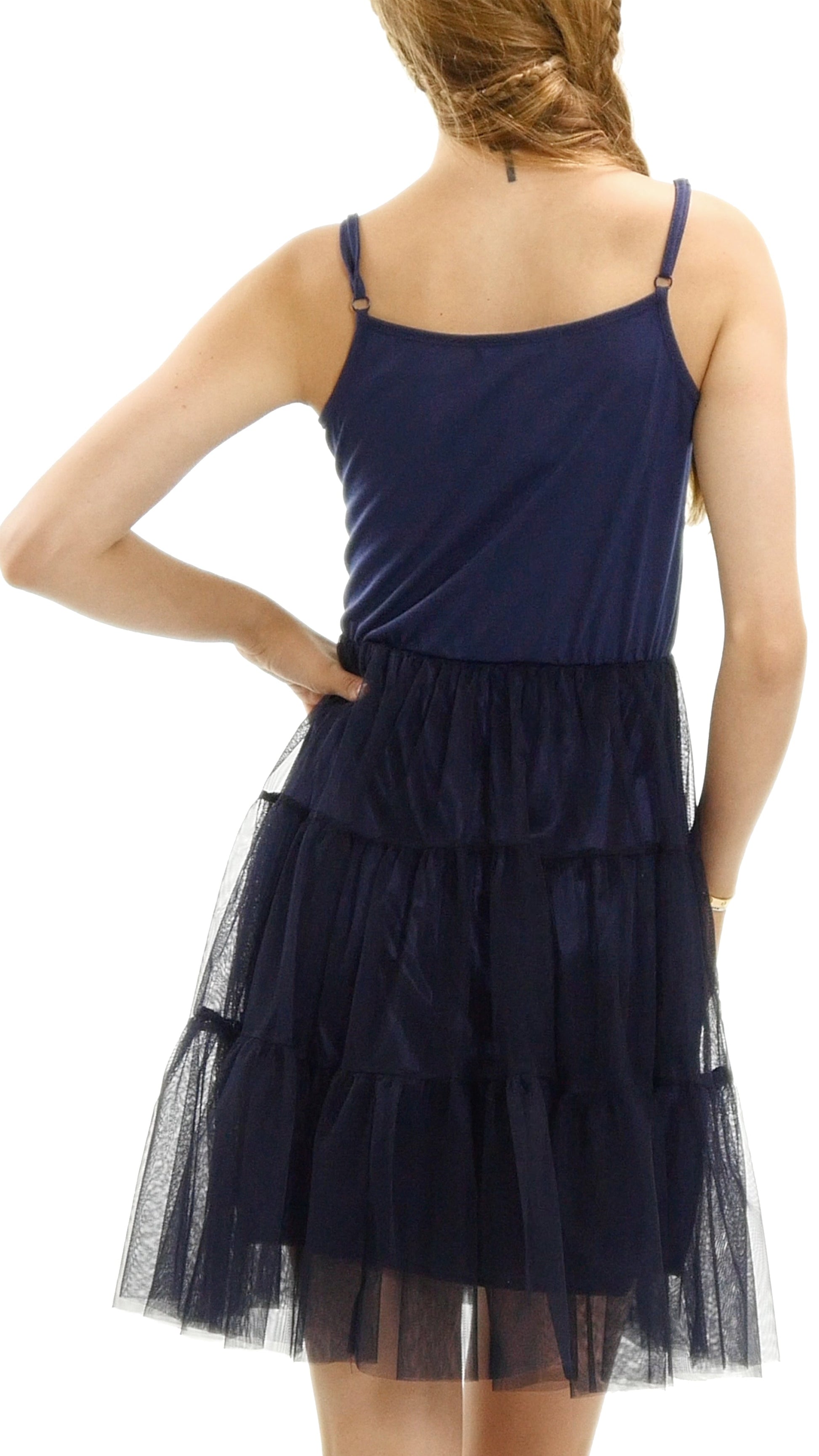 Women's Camisole Short Slip Dress with Tiered Mesh Skirt and Adjustable Straps - Shop Lev