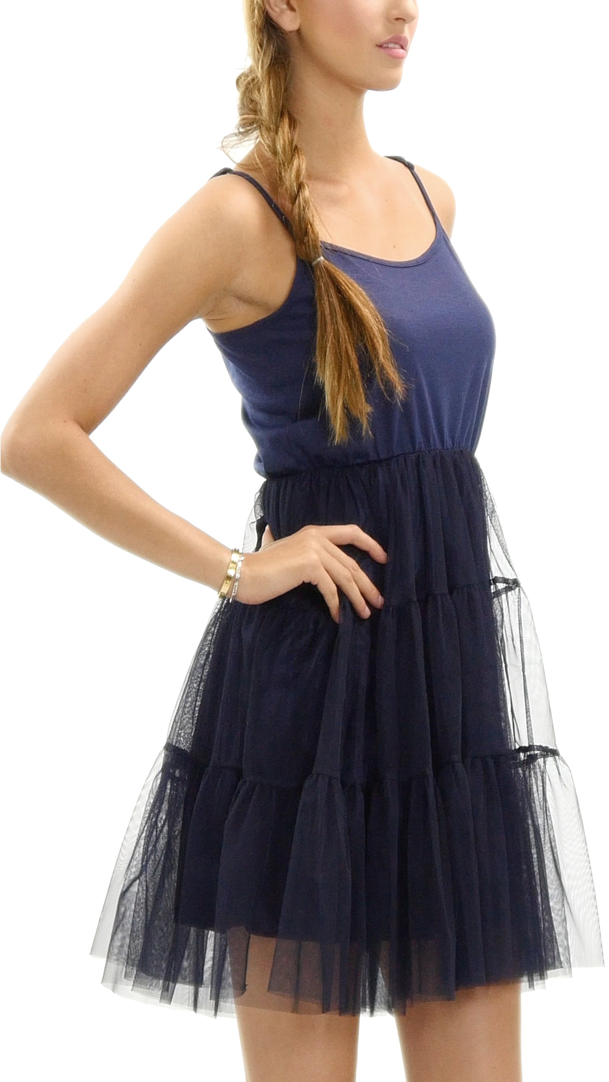 Women's Camisole Short Slip Dress with Tiered Mesh Skirt and Adjustable Straps - Shop Lev