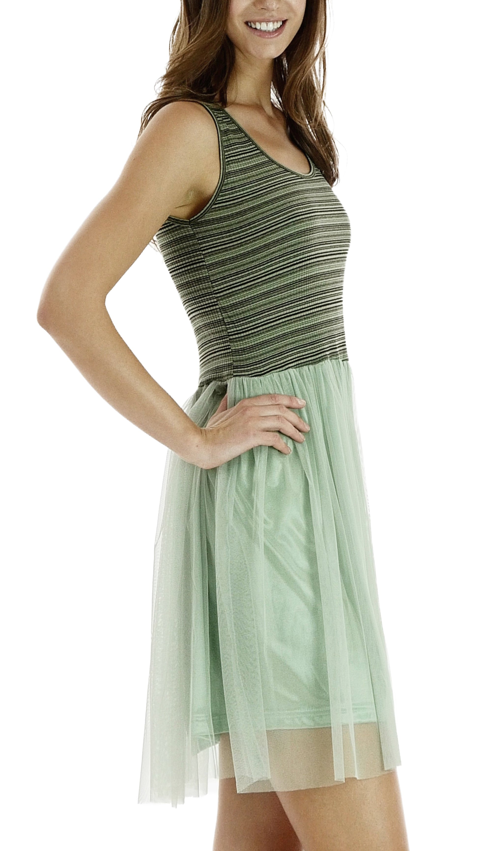 Striped Ribbed Tank Slip Dress with Mesh Skirt - Shop Lev