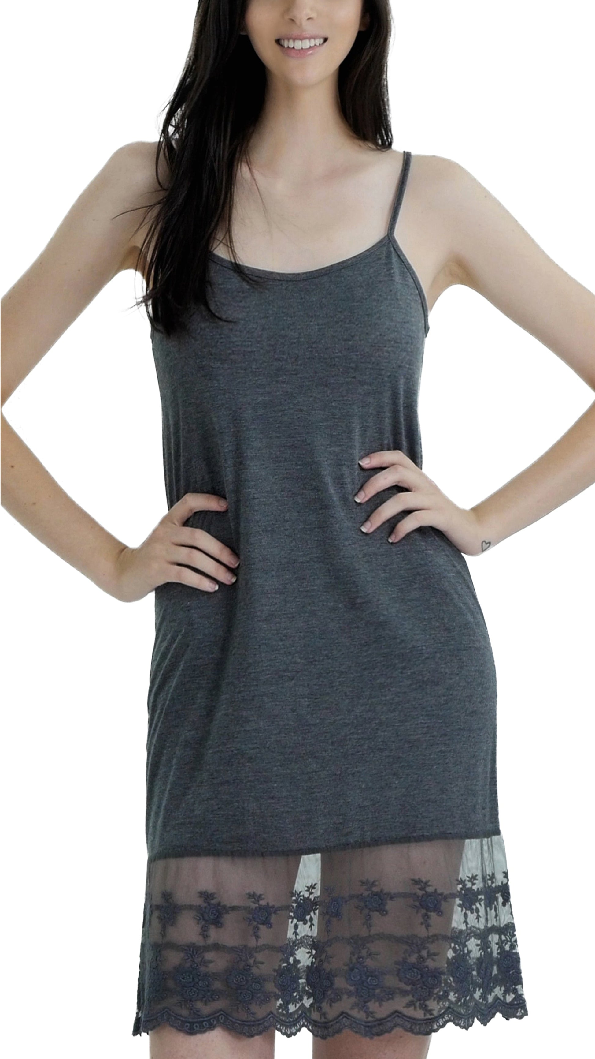 Women lace hem knit full slip with adjustable straps for top/tunic extender - Shop Lev