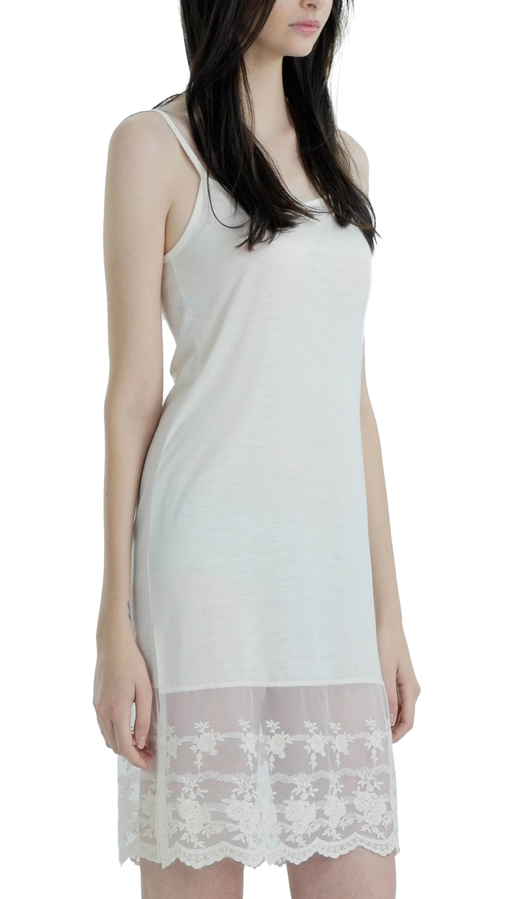 Women lace hem knit full slip with adjustable straps for top/tunic extender - Shop Lev