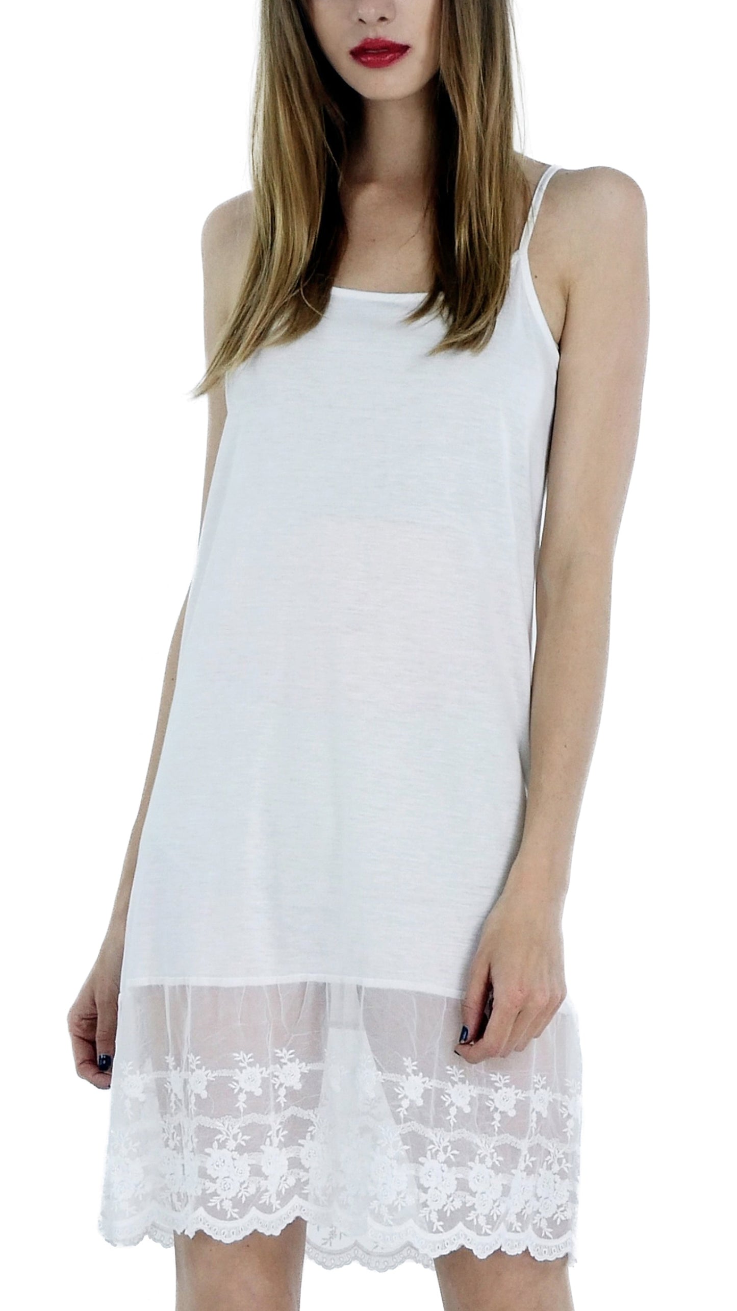 Women lace hem knit full slip with adjustable straps for top/tunic extender - Shop Lev