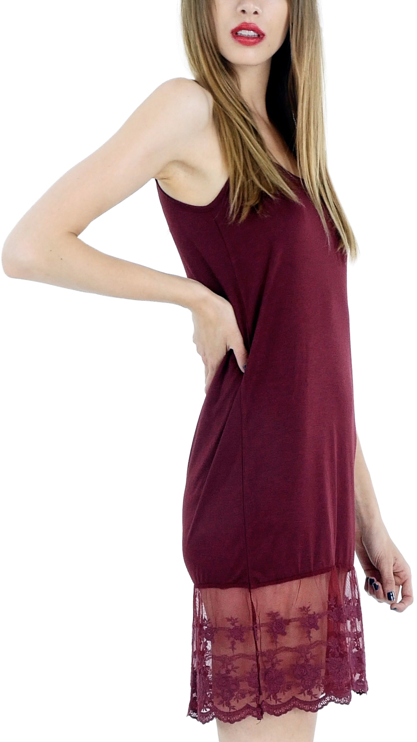 Women lace hem knit full slip with adjustable straps for top/tunic extender - Shop Lev