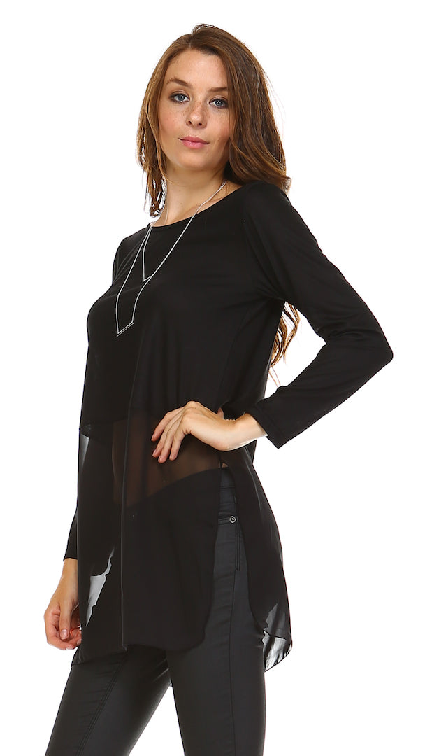 Women's Long Sleeve Round Neck Top Extender with Sheer Chiffon Bottom - Shop Lev