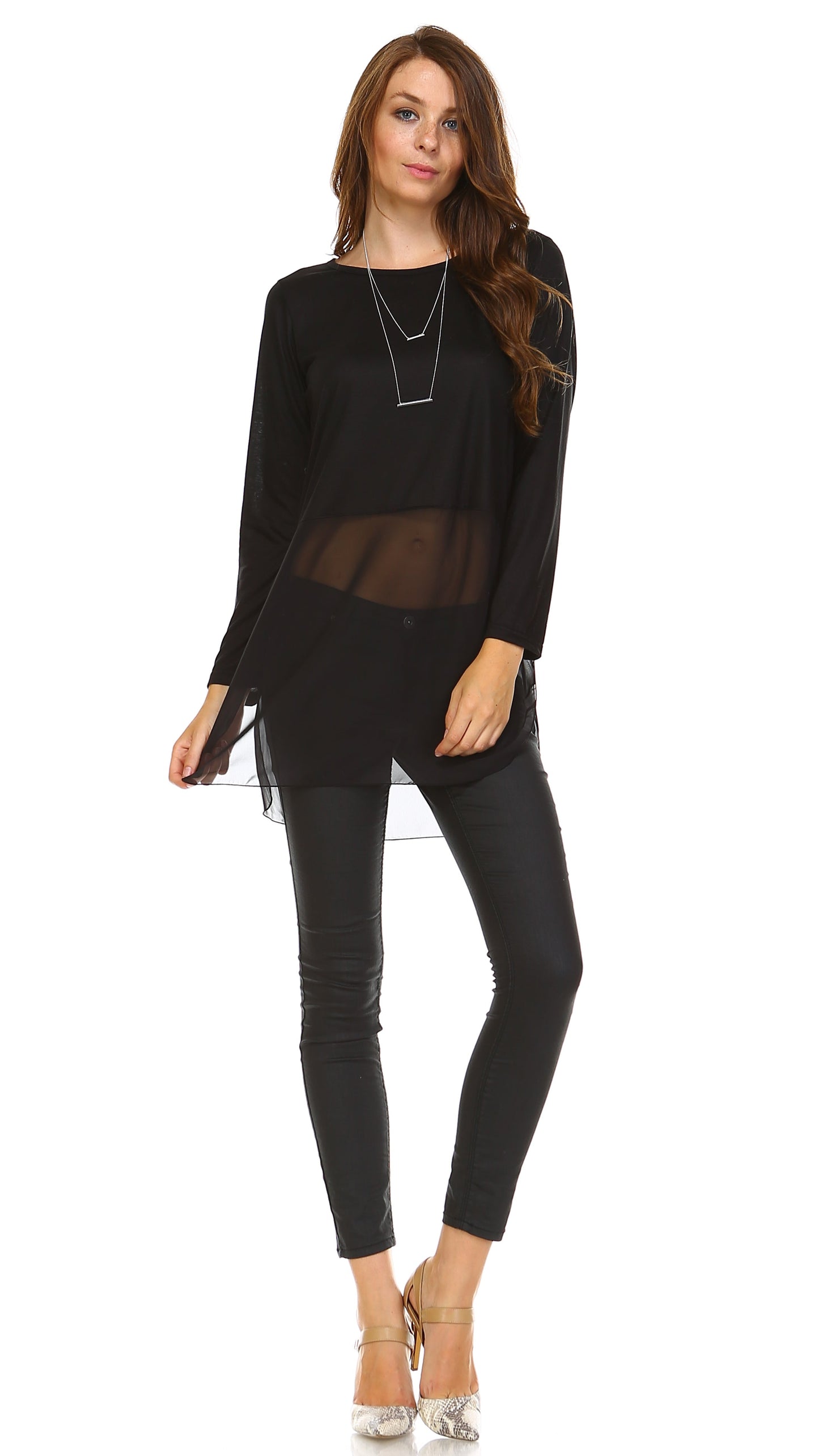 Women's Long Sleeve Round Neck Top Extender with Sheer Chiffon Bottom - Shop Lev