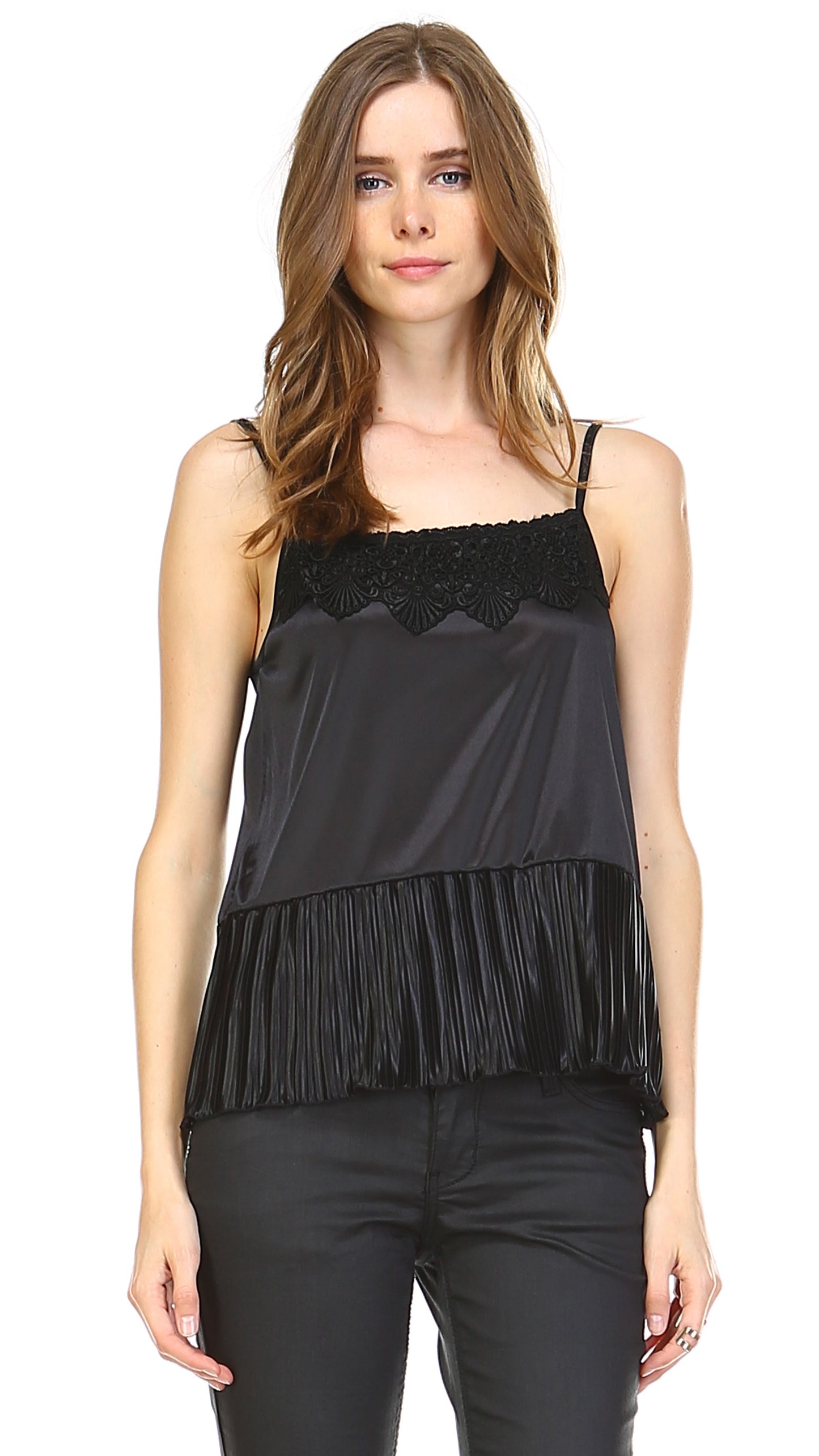 Lace Neck Trim Satin Camislole with ruffle - Shop Lev