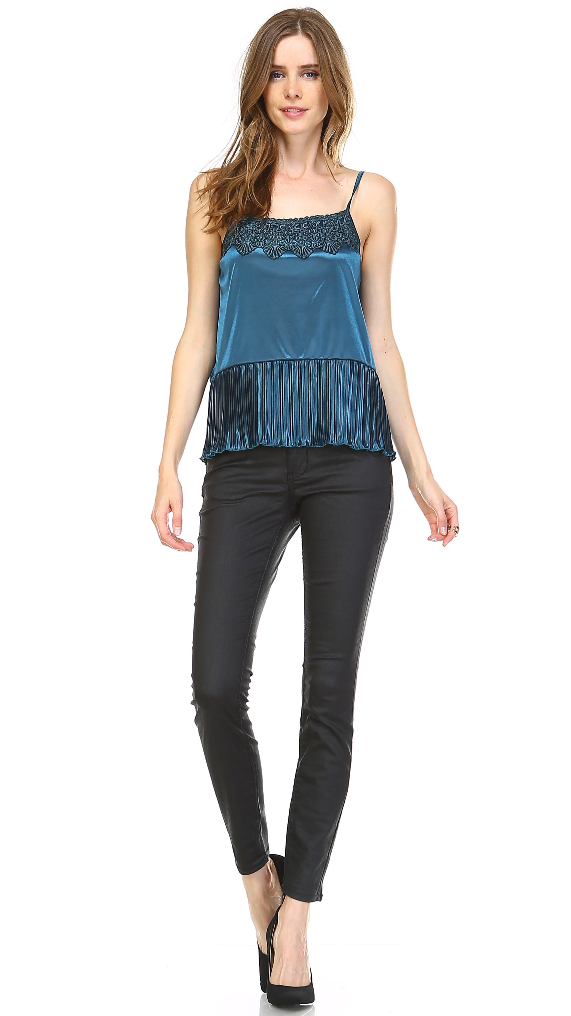 Lace Neck Trim Satin Camislole with ruffle - Shop Lev