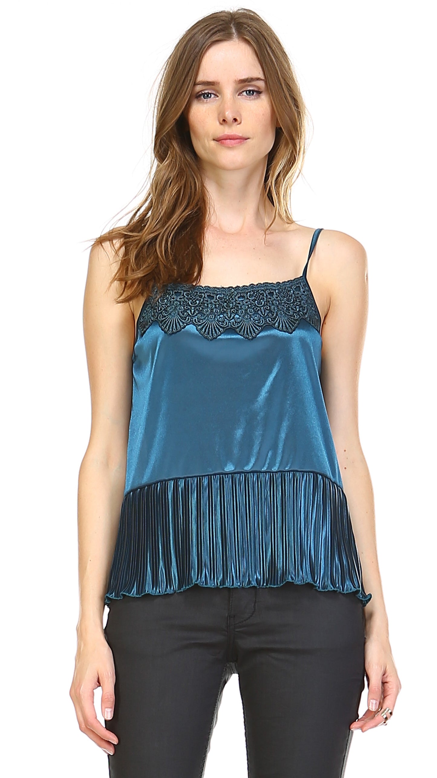 Lace Neck Trim Satin Camislole with ruffle - Shop Lev
