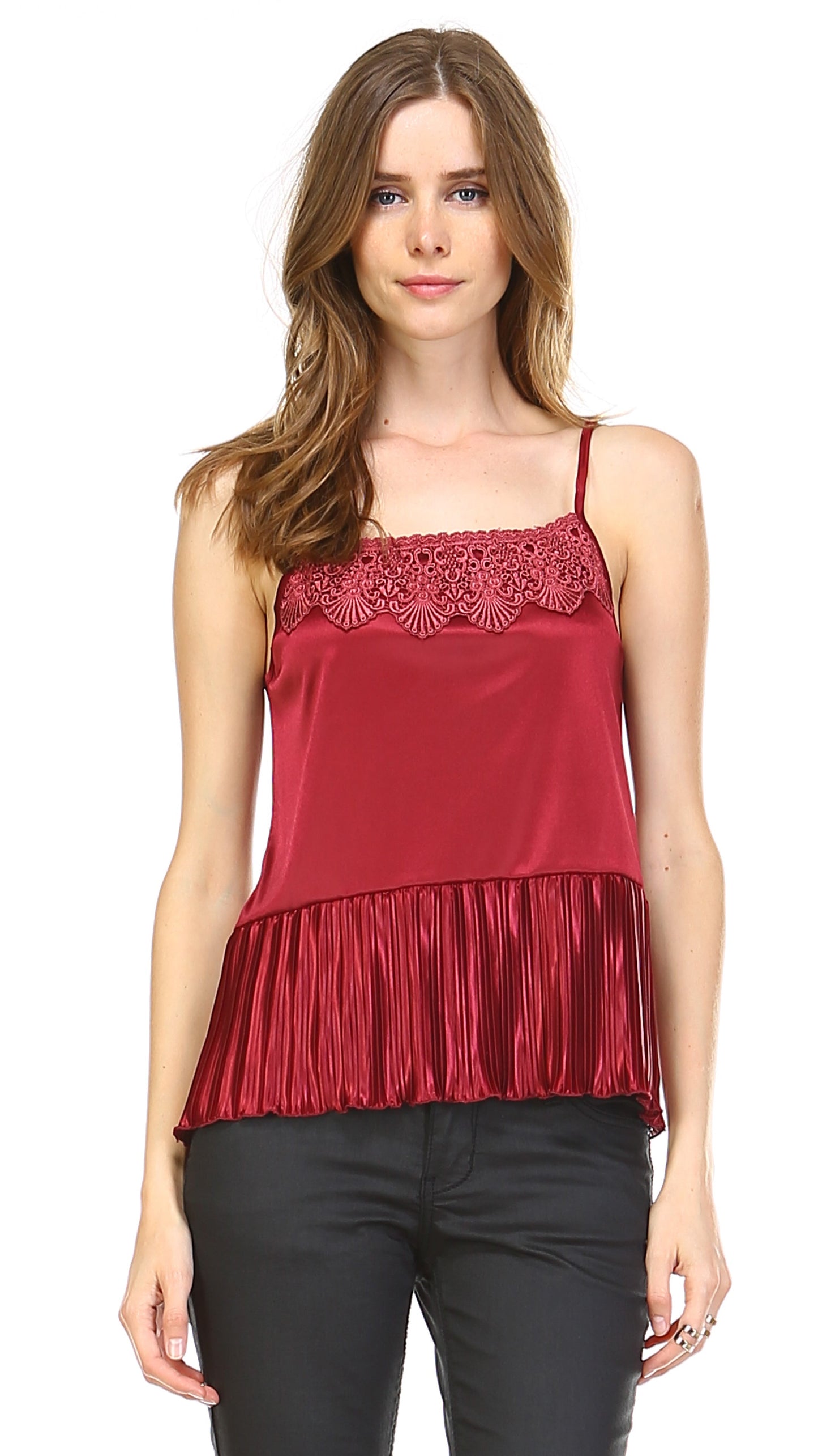 Lace Neck Trim Satin Camislole with ruffle - Shop Lev