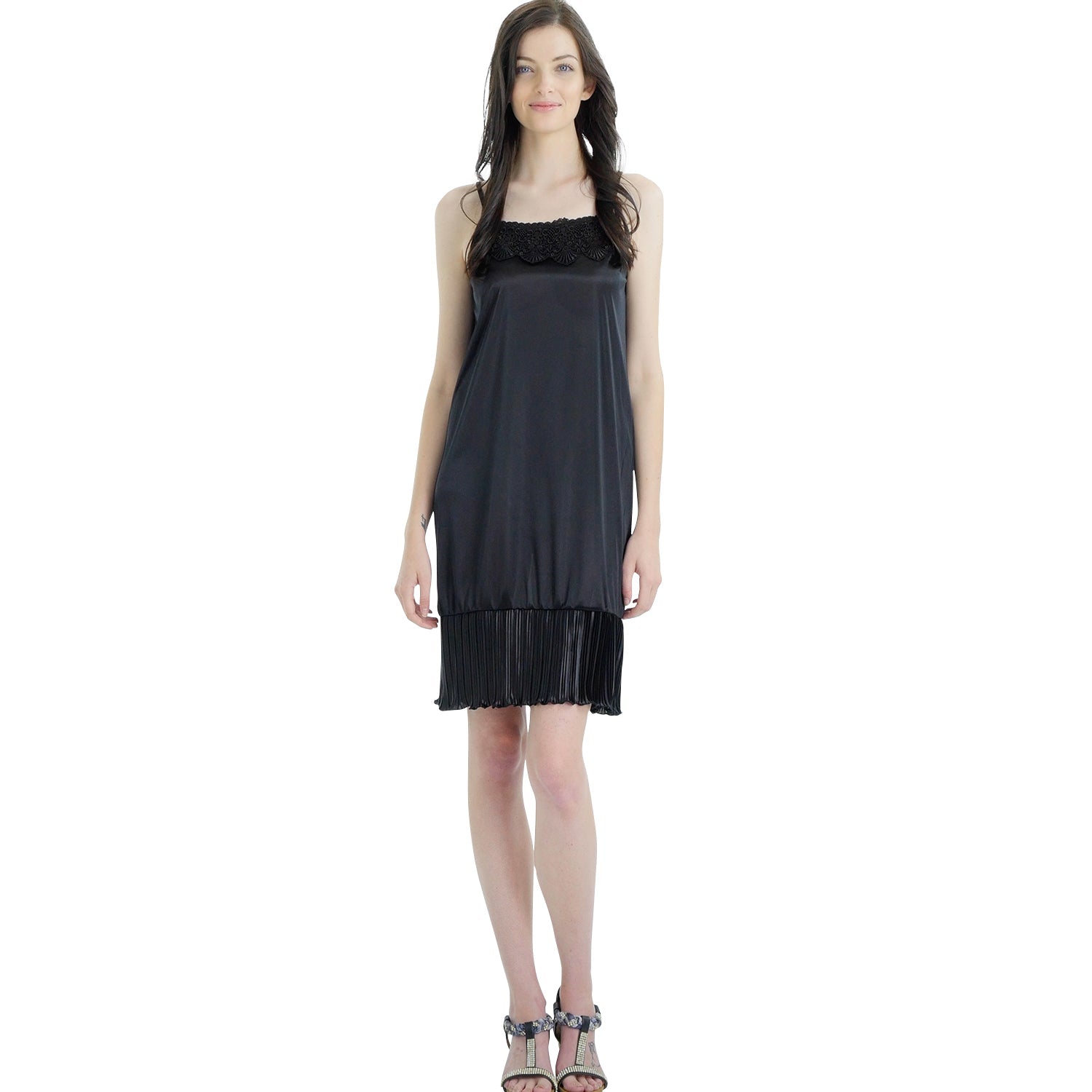 Women Satin Full Slip Lace Trim on Neck with Pleated Bottom - Non Seethrough - Shop Lev