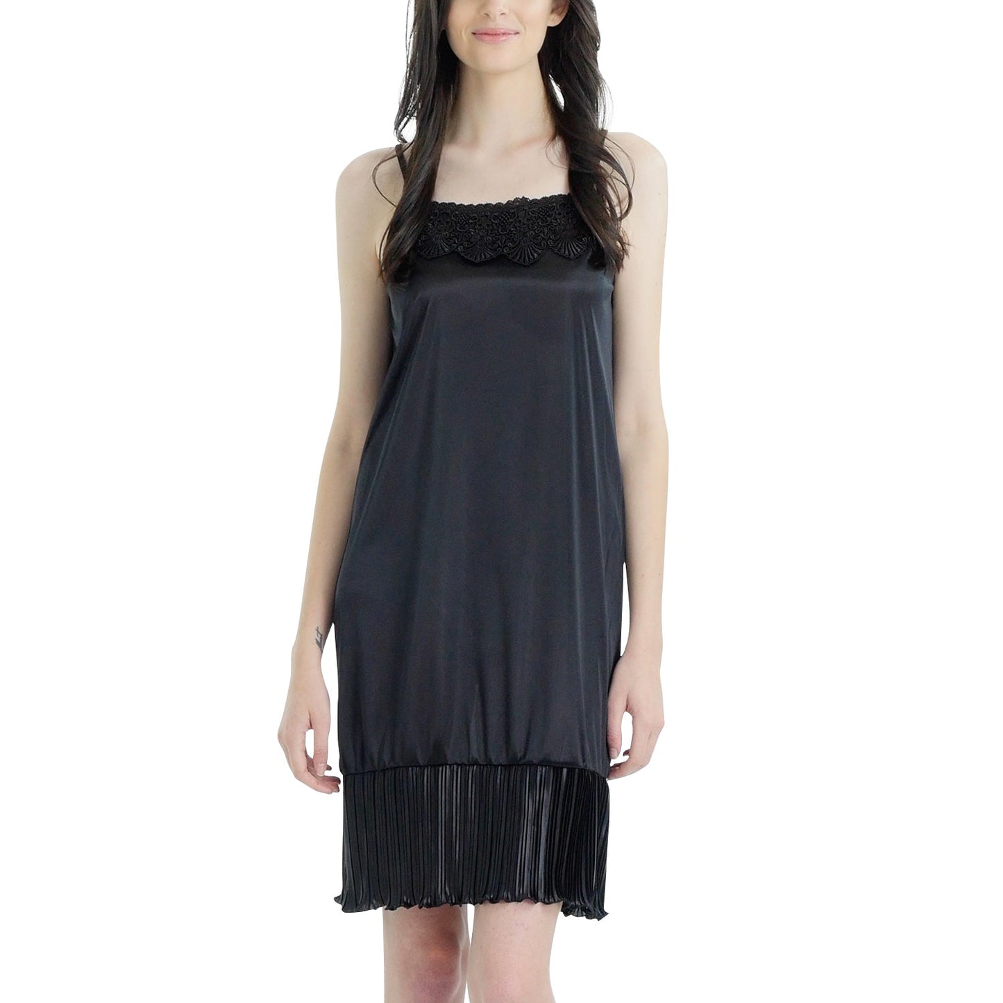 Women Satin Full Slip Lace Trim on Neck with Pleated Bottom - Non Seethrough - Shop Lev