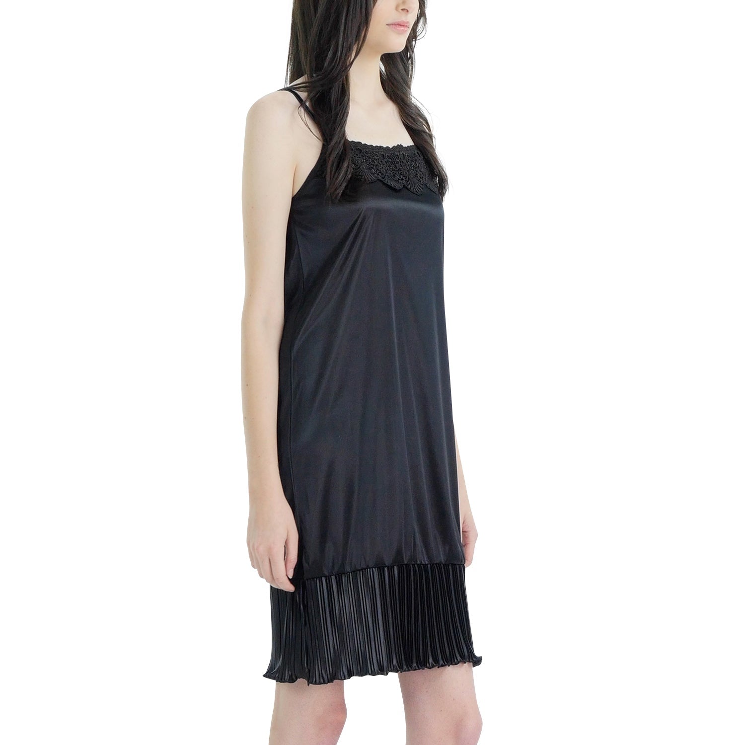 Women Satin Full Slip Lace Trim on Neck with Pleated Bottom - Non Seethrough - Shop Lev