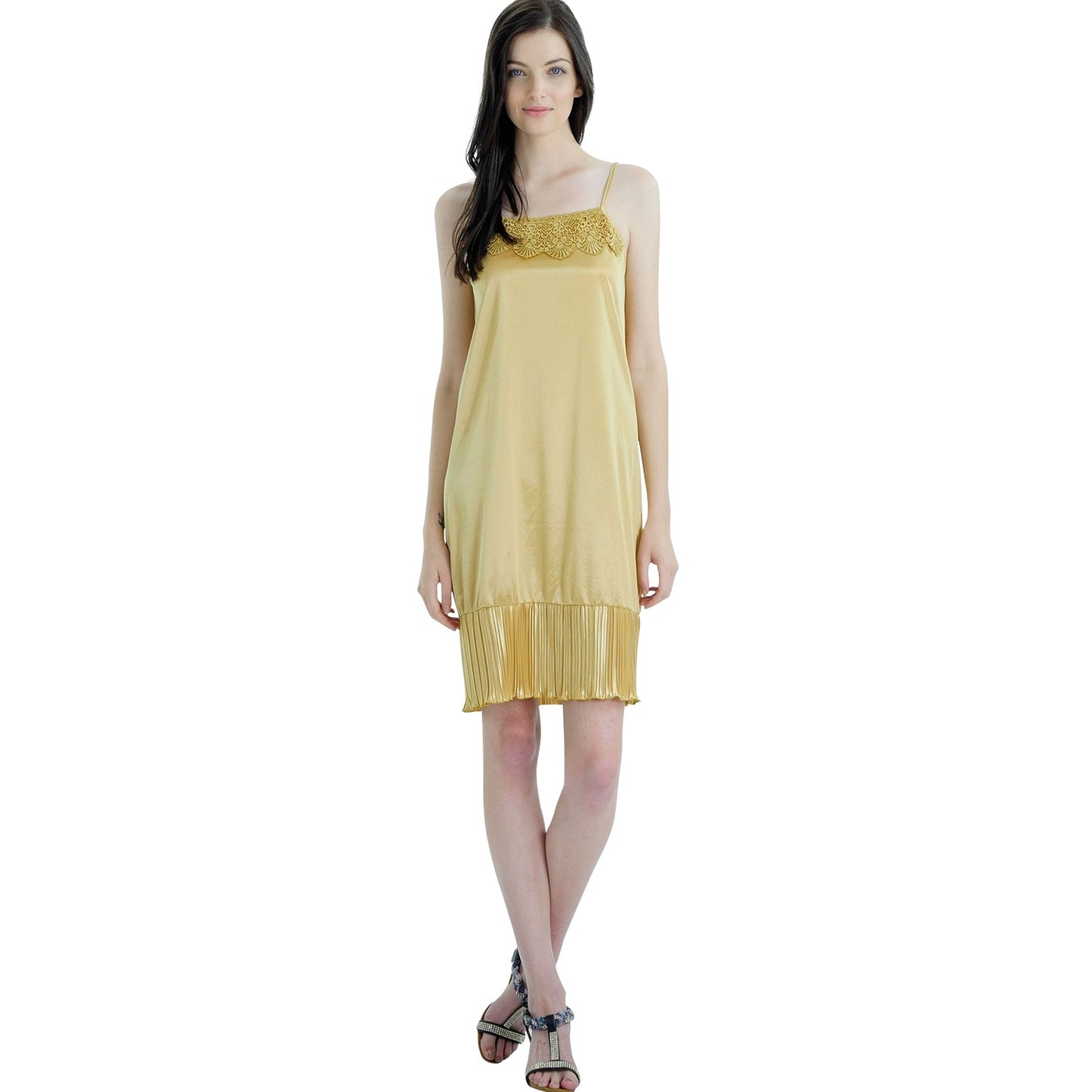 Women Satin Full Slip Lace Trim on Neck with Pleated Bottom - Non Seethrough - Shop Lev