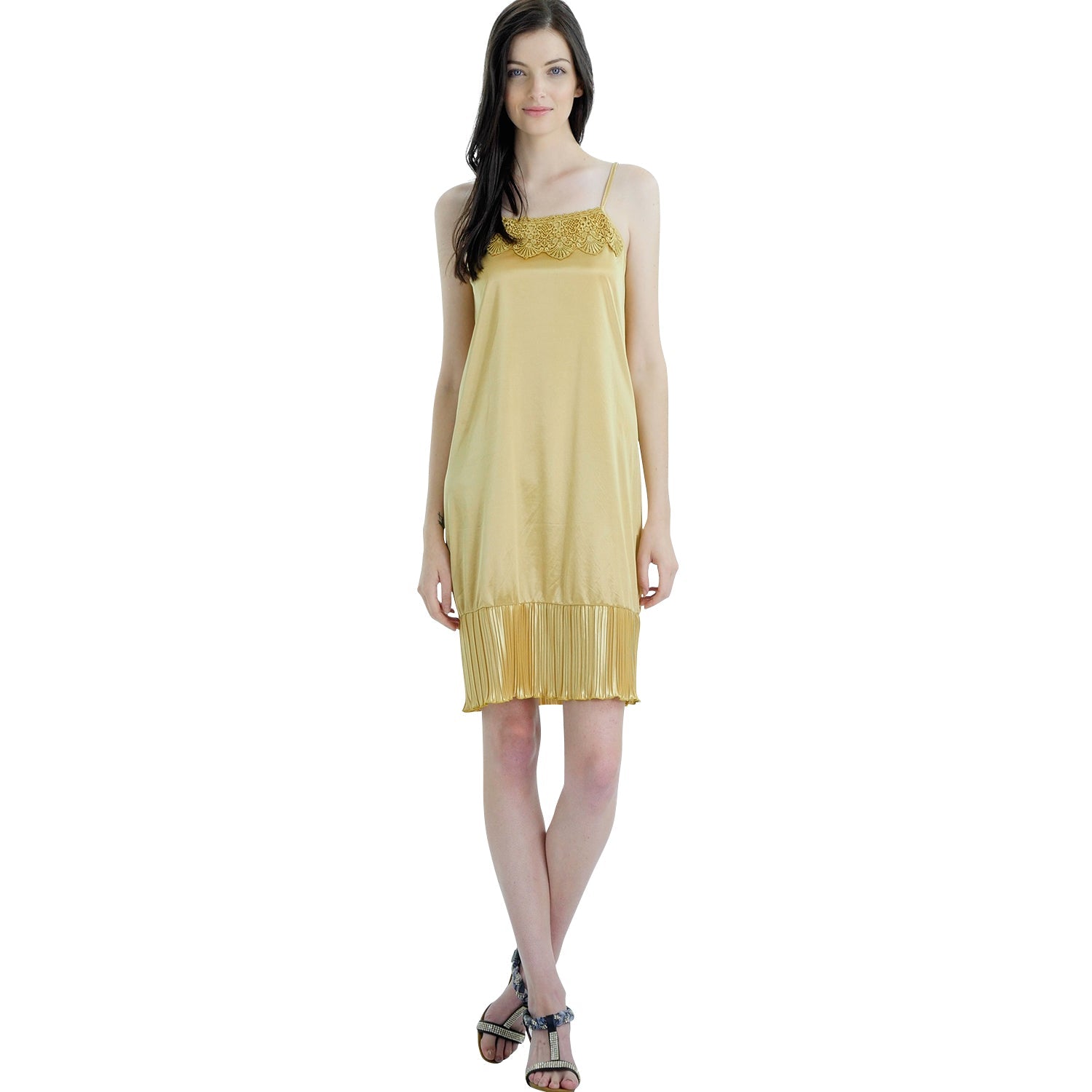 Women Satin Full Slip Lace Trim on Neck with Pleated Bottom - Non Seethrough - Shop Lev