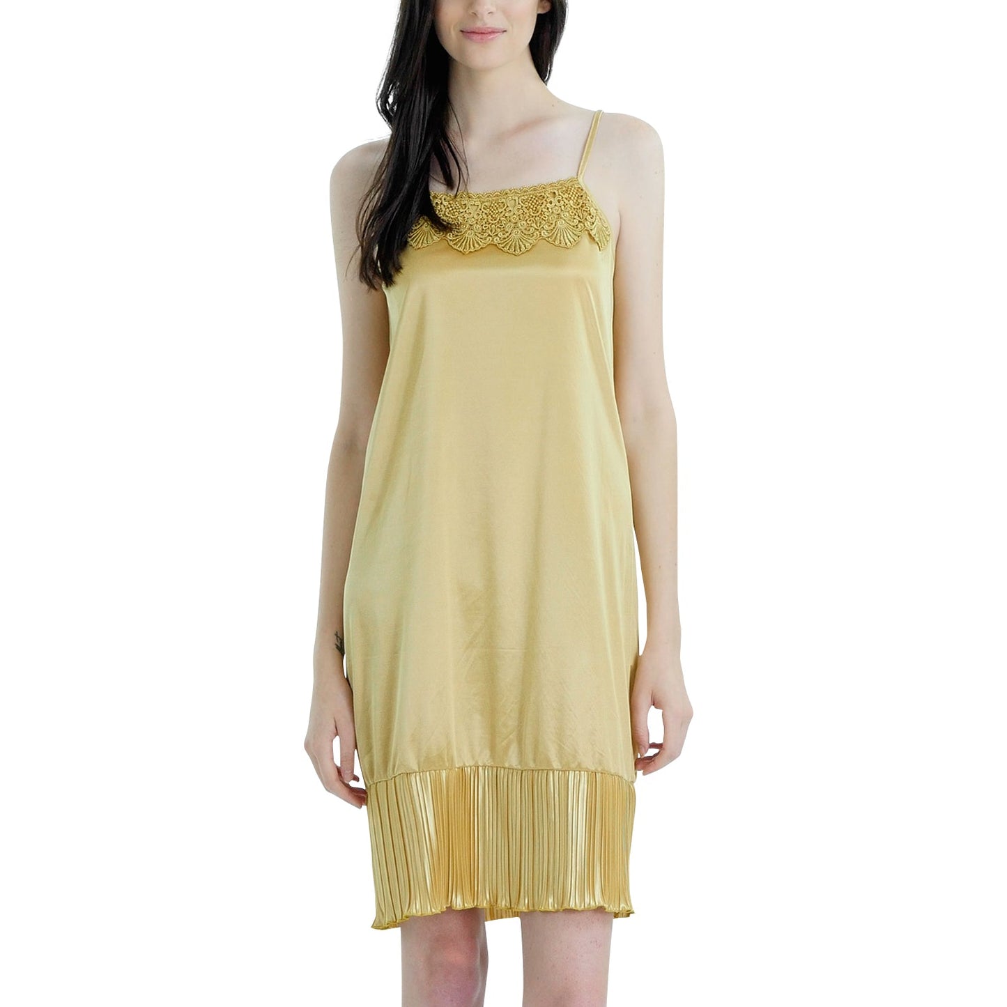 Women Satin Full Slip Lace Trim on Neck with Pleated Bottom - Non Seethrough - Shop Lev