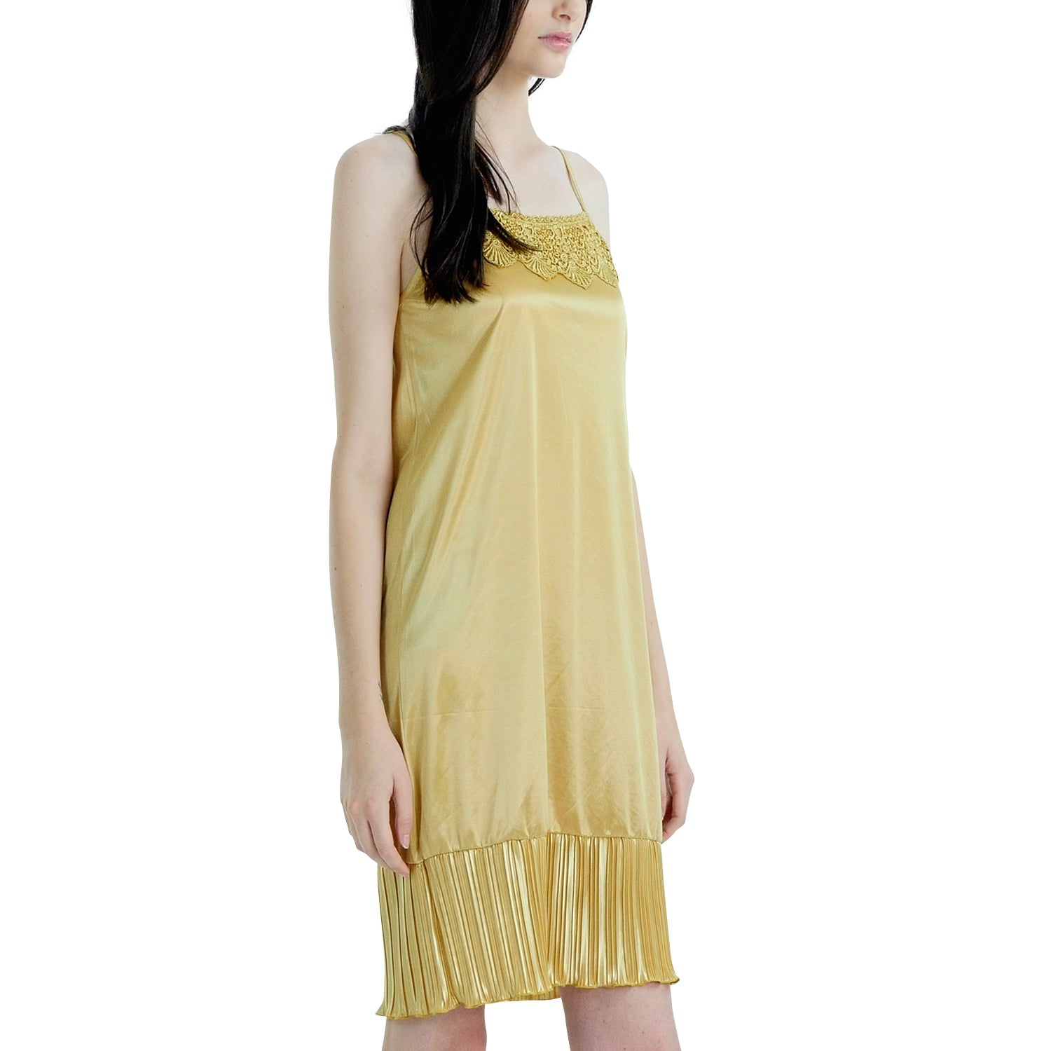 Women Satin Full Slip Lace Trim on Neck with Pleated Bottom - Non Seethrough - Shop Lev